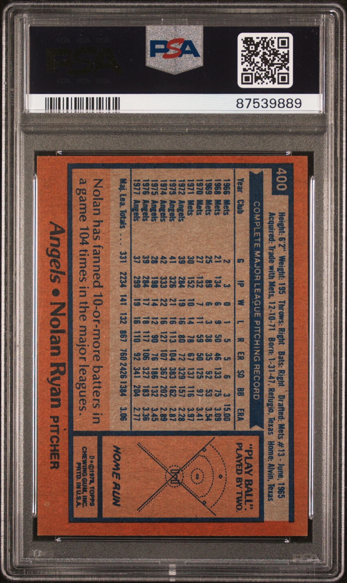 1978 Topps #400 Nolan Ryan / PSA 6 / C9889