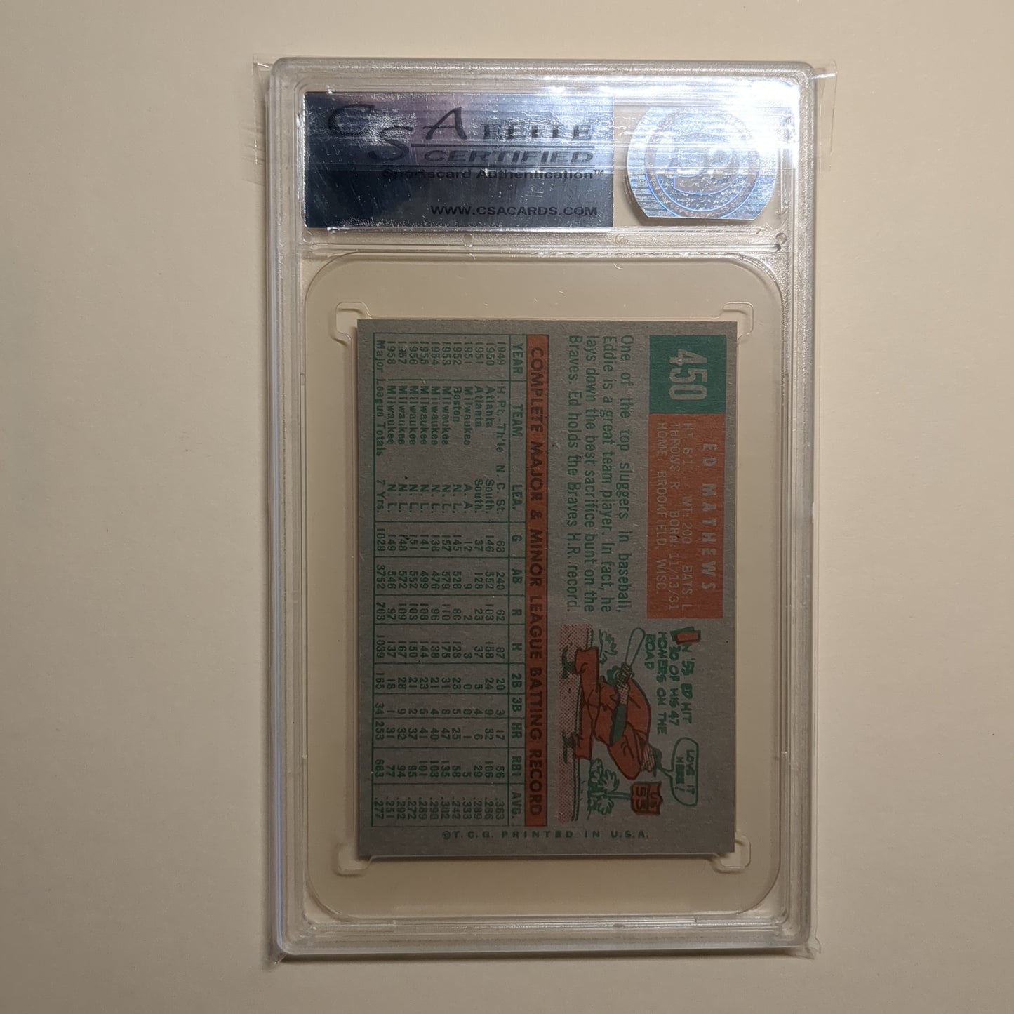1959 Topps #450 Ed Mathews (HOF) / CSA 8.5