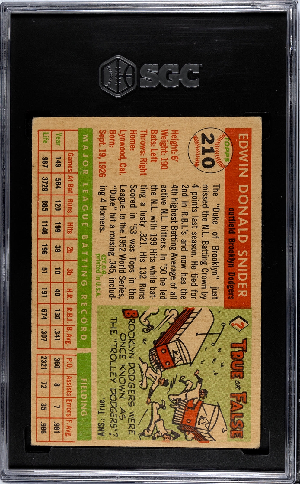 1955 Topps #210 Duke Snider / SGC 4 / C3324