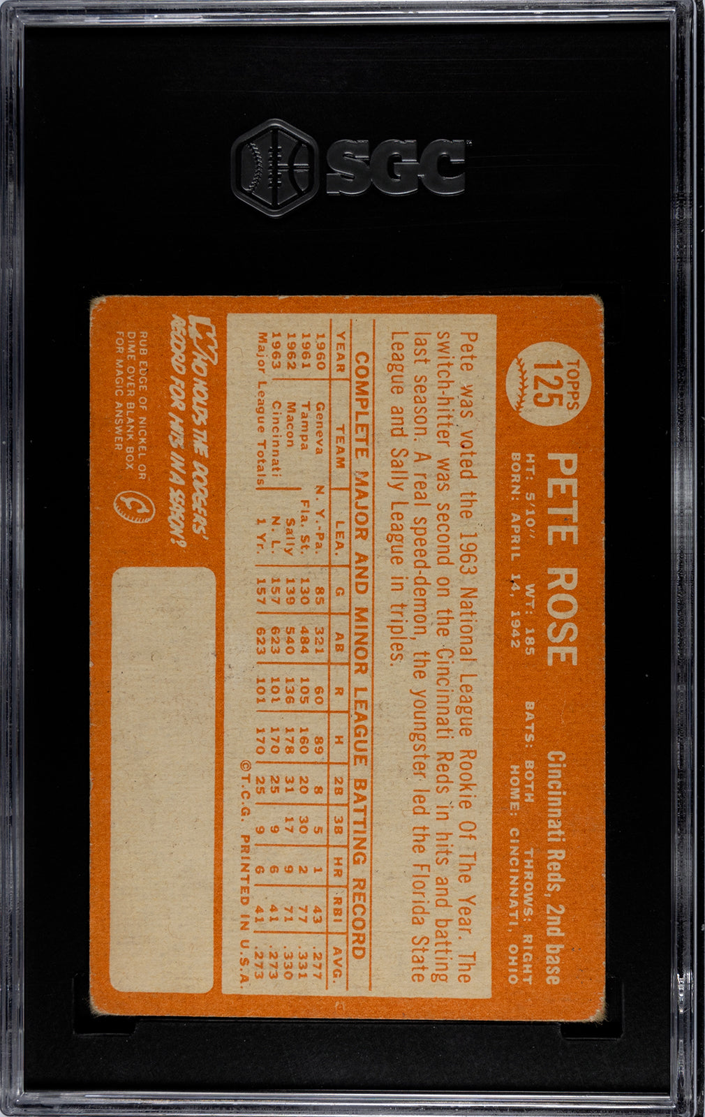 1964 Topps #125 Pete Rose All Star Rookie RC / SGC 3 / C5019