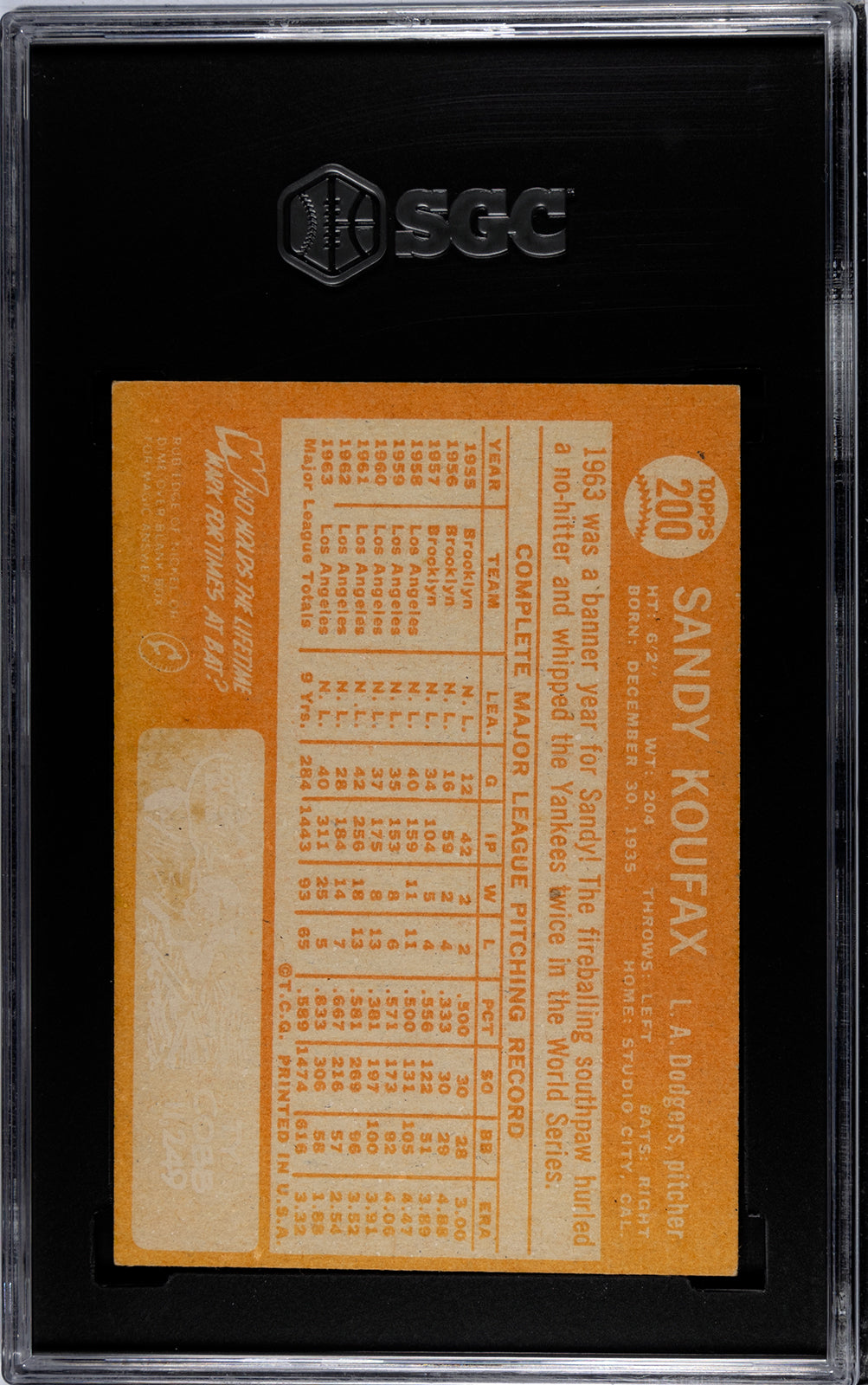 1964 Topps #200 Sandy Koufax / SGC 5 / C7462