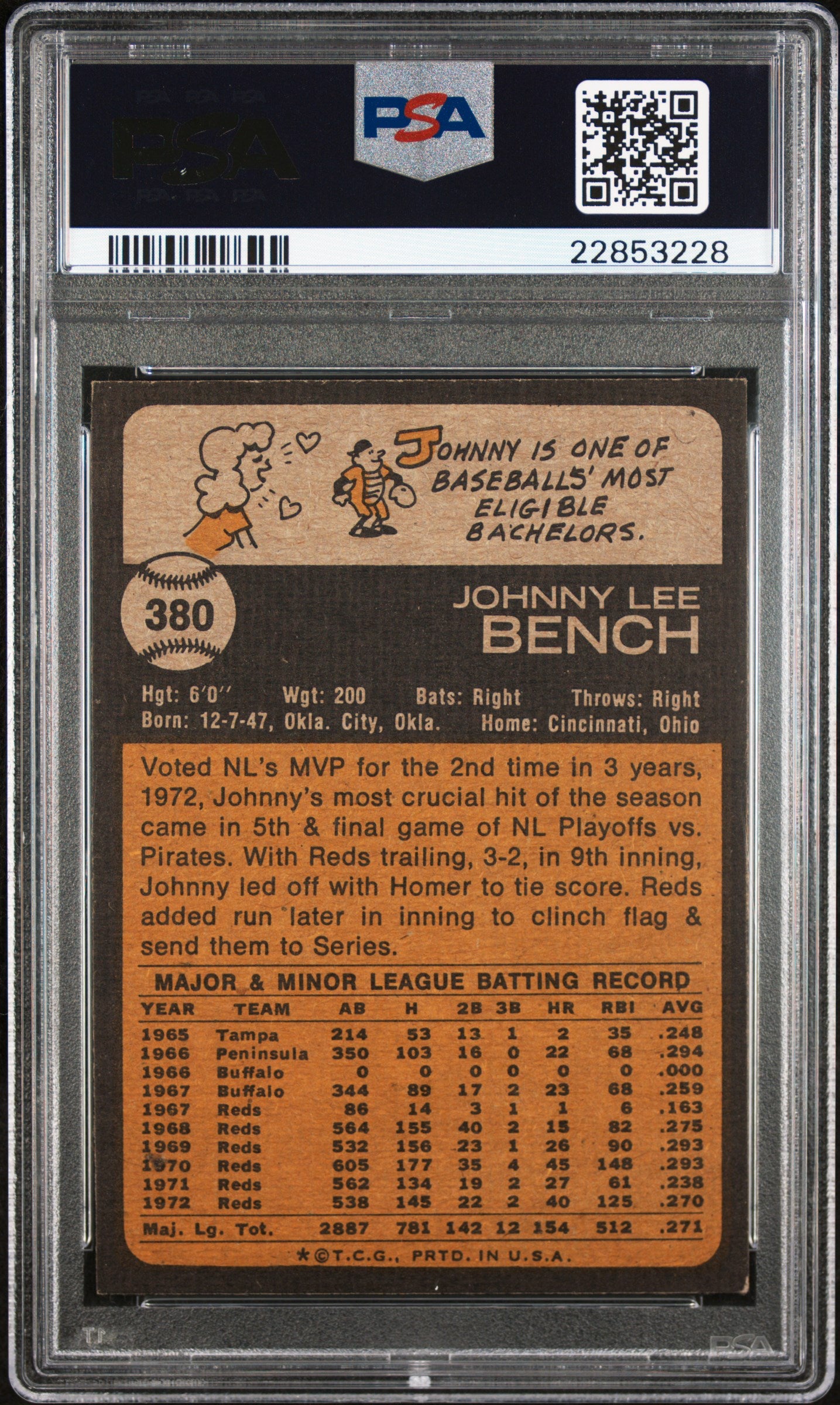 1973 Topps #380 Johnny Bench / PSA 7 / C3228