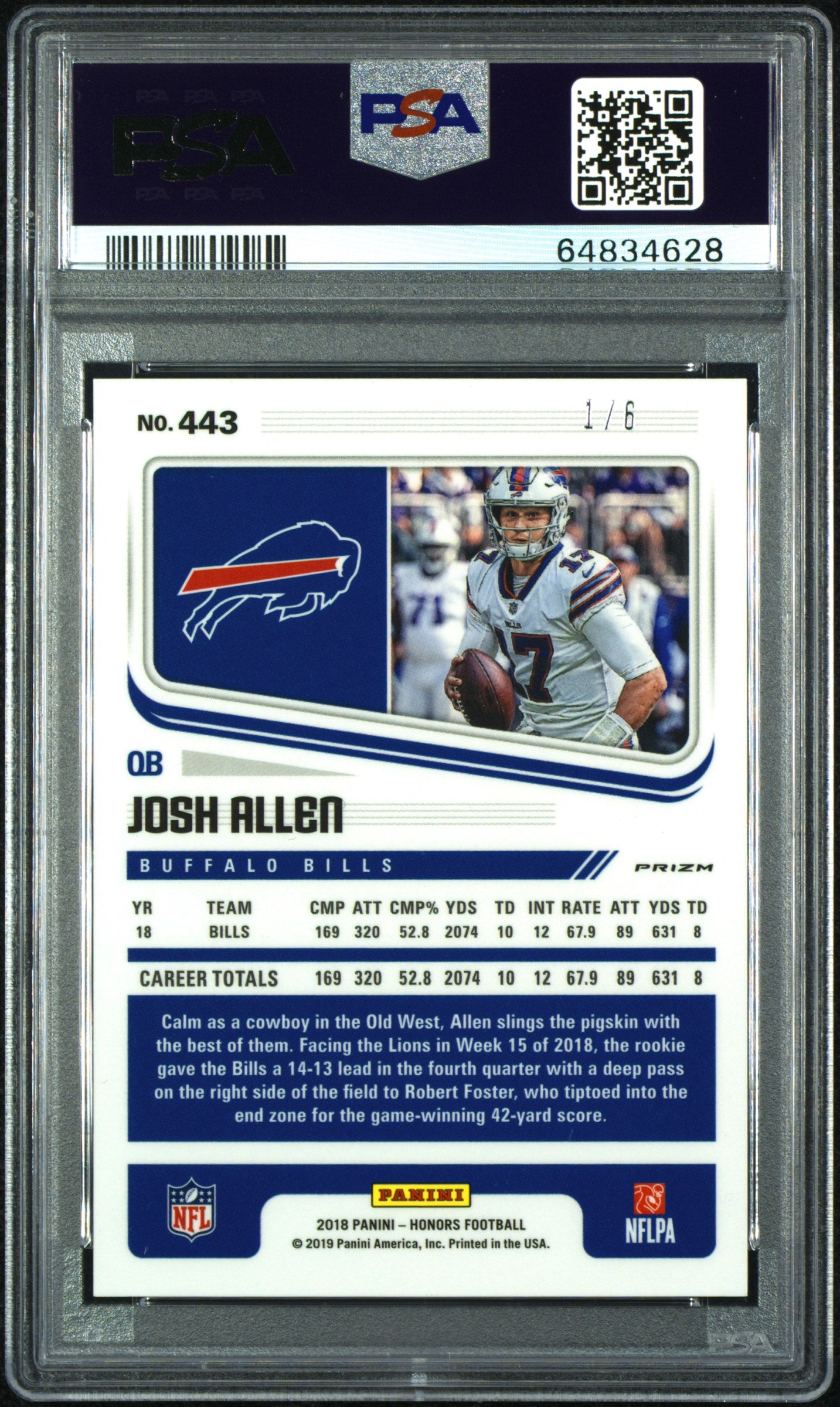 2018 Panini Honors Score Josh Allen RC End Zone (1/6) / PSA 9 / C4628
