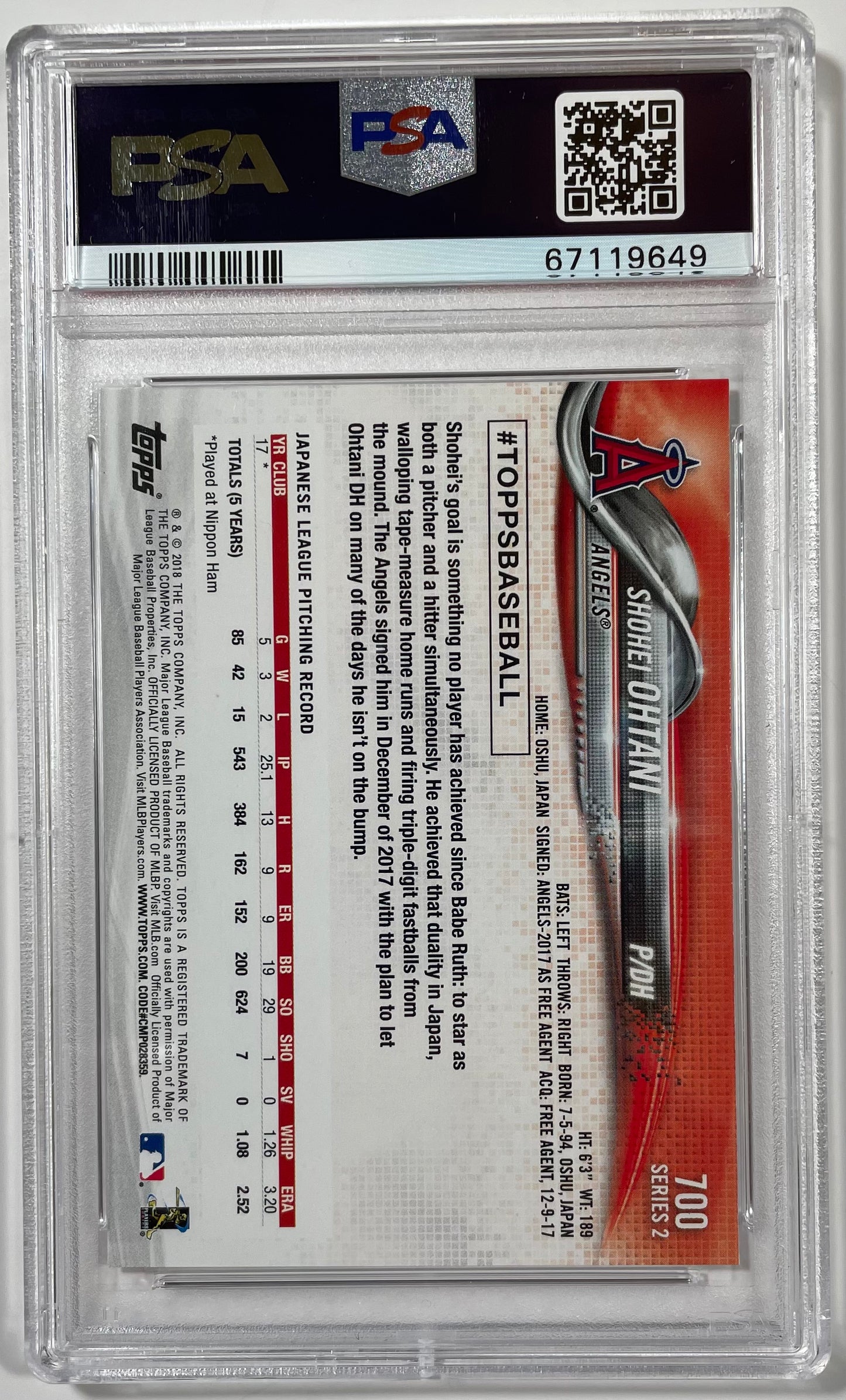 2018 Topps #700 Shohei Ohtani Pitching RC / PSA 10 / C9649