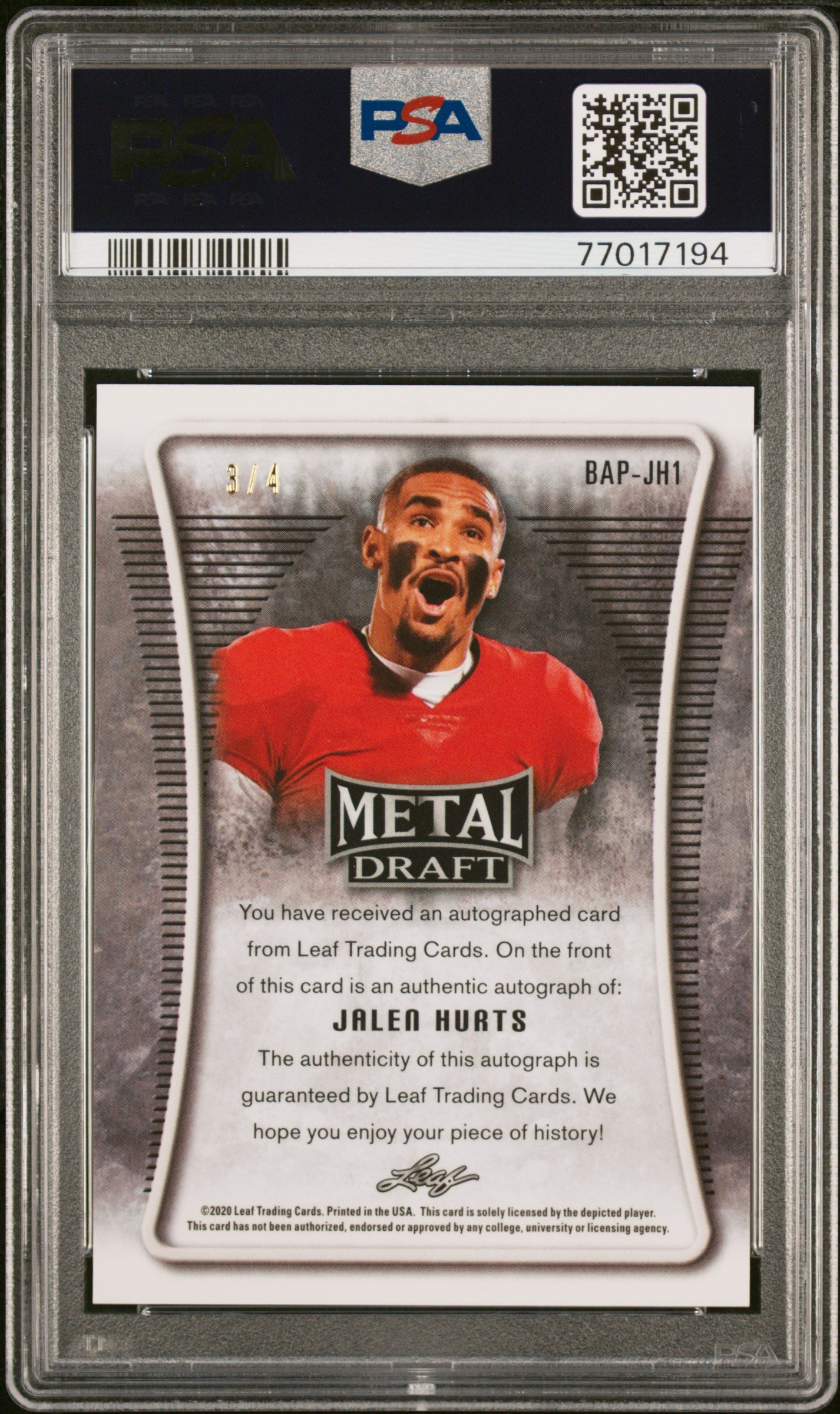 2020 Leaf Metal Draft #BAPJH1 Jalen Hurts Auto Portrait Orange Wave (3/4) / PSA 10 / C7194