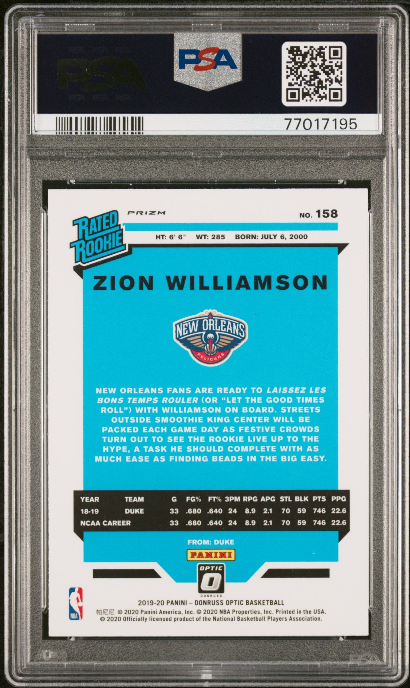 2019 Donruss Optic #158 Zion Williamson RC Choice Red/Green / PSA 9 / C7195