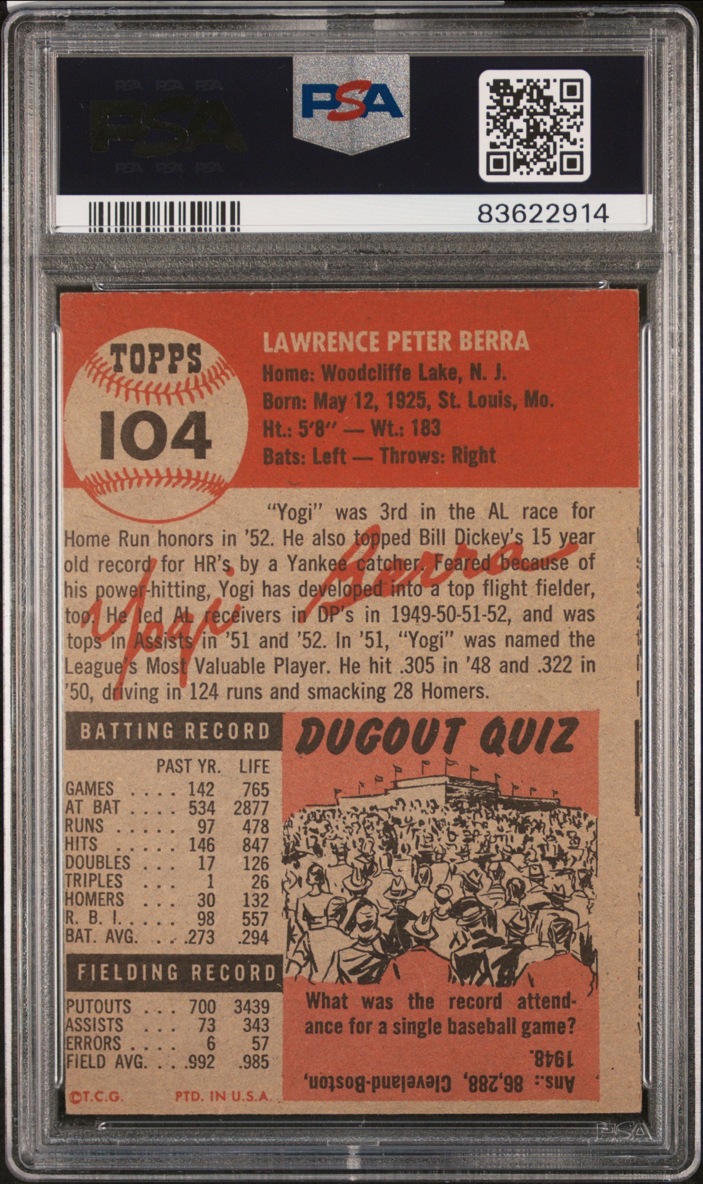 1953 Topps #104 Yogi Berra / PSA 5(MC) / C2914