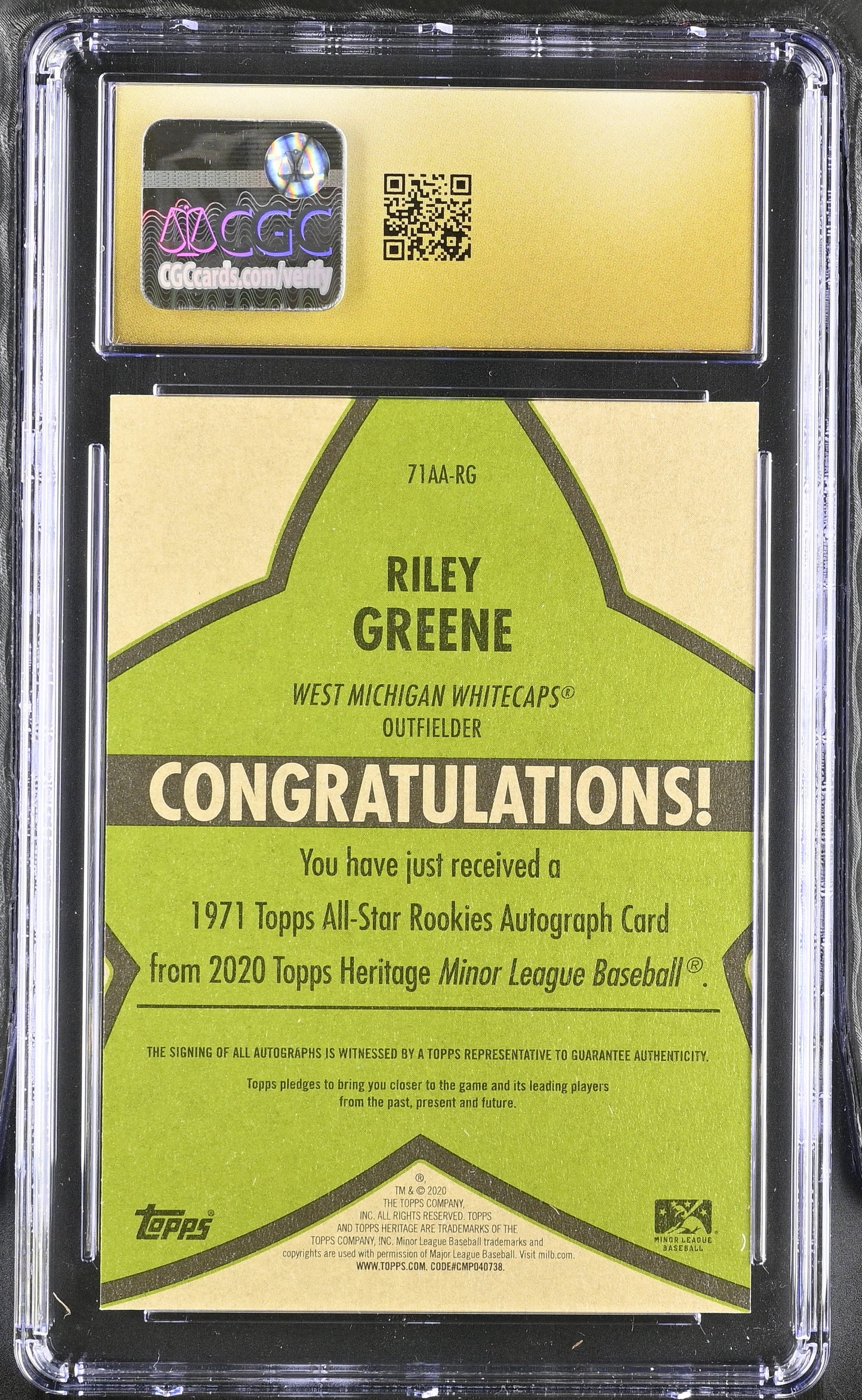 2020 Topps Heritage Minor 71AA-RG Riley Greene All Star Auto 26/50 / CGC Pristine 10 / C1002