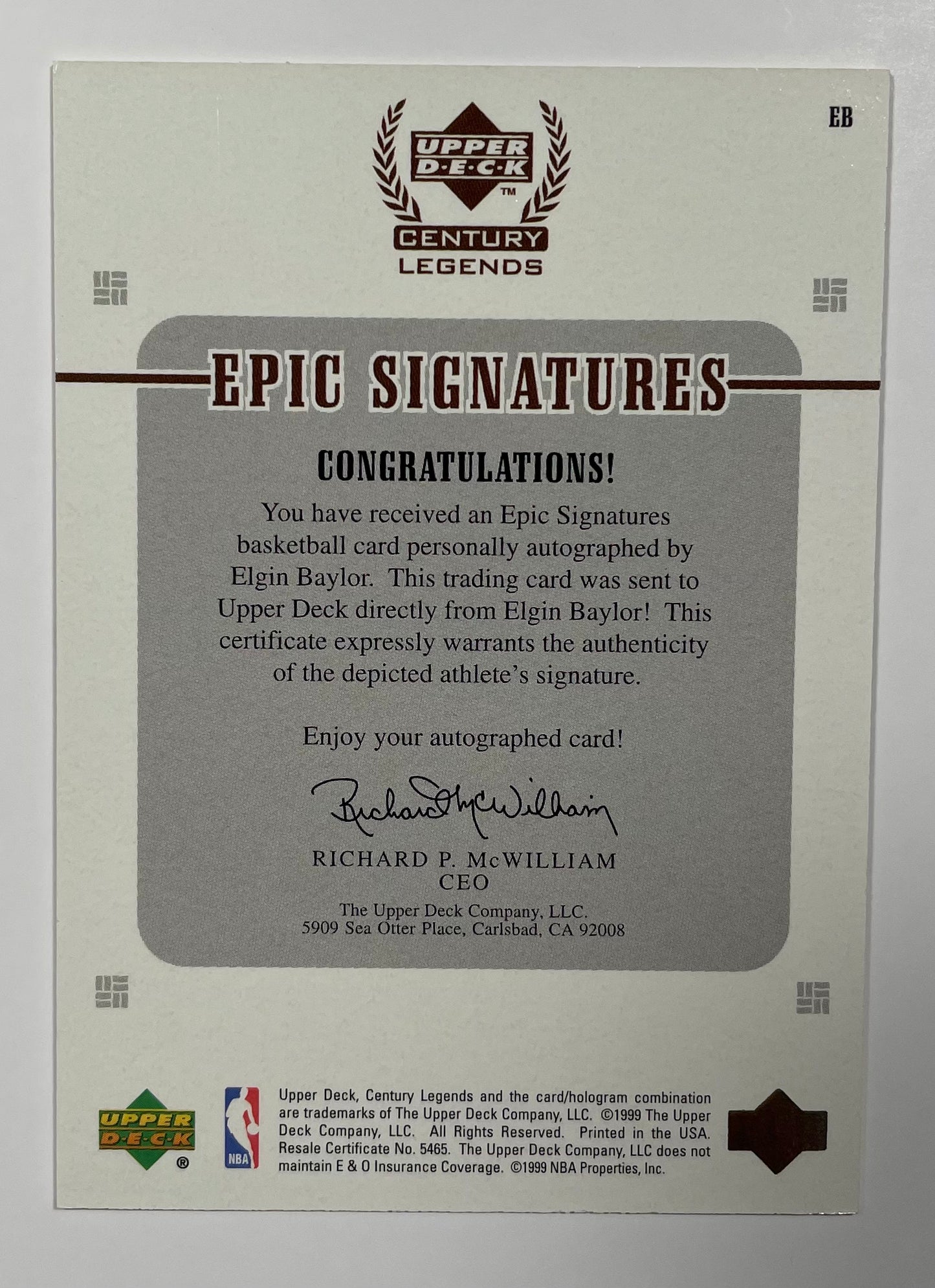 1999 Upper Deck Century Legends Epic Signatures Elgin Baylor Signed AUTO