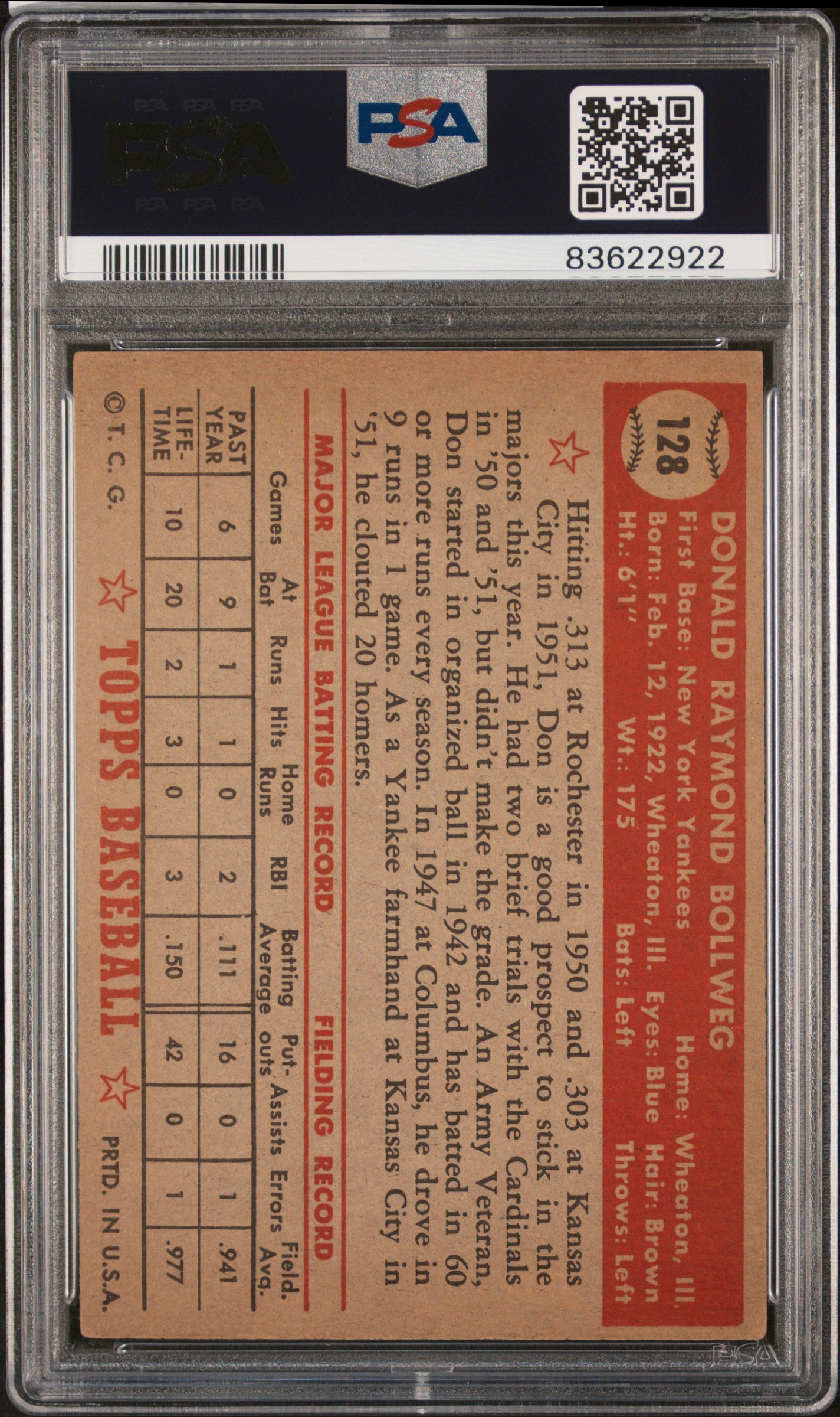 1952 Topps #128 Don Bollweg / PSA 4 / C2922