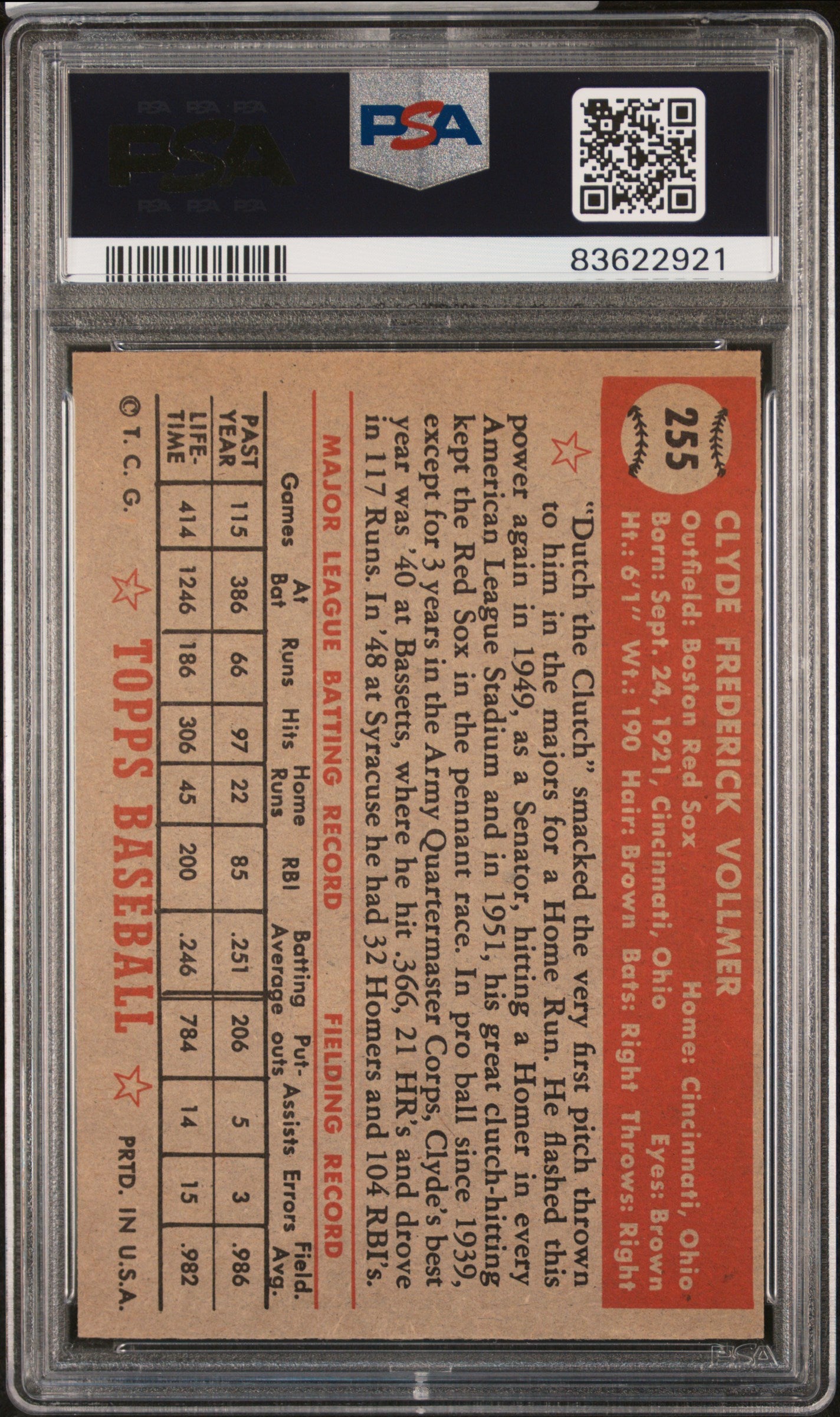 1952 Topps #255 Clyde Vollmer / PSA 7 / C2921
