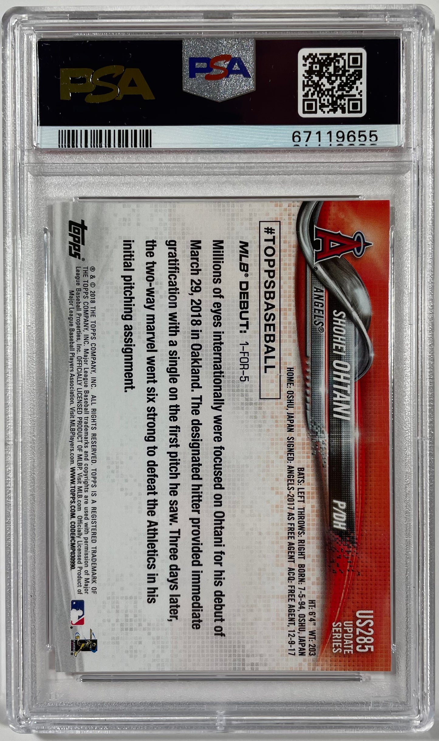 2018 Topps Update #US285 Shohei Ohtani RC / PSA 10 / C9655