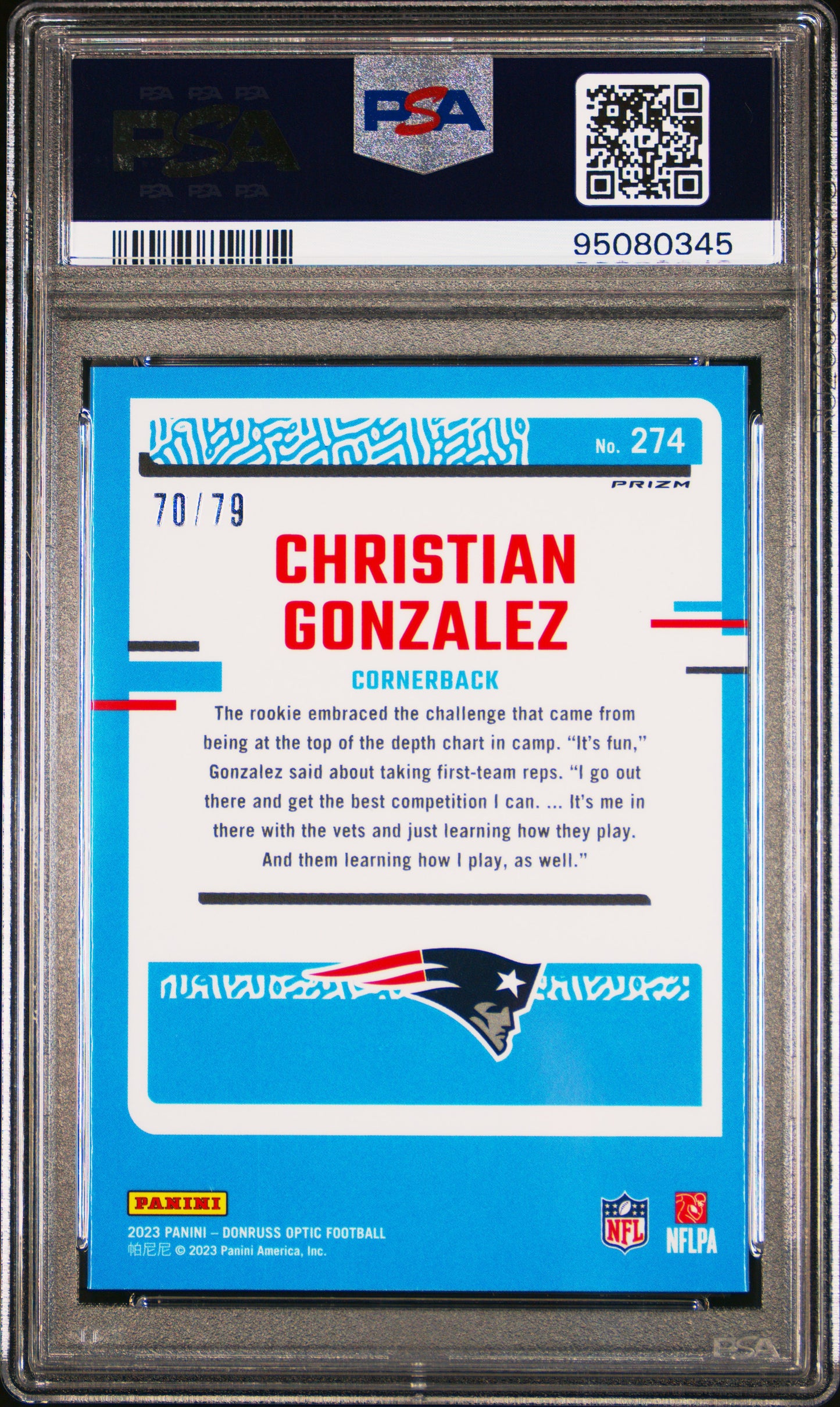2023 Panini Donruss Optic #274 Christian Gonzalez RC Orange Scope (#/79) / PSA 10 / C0345