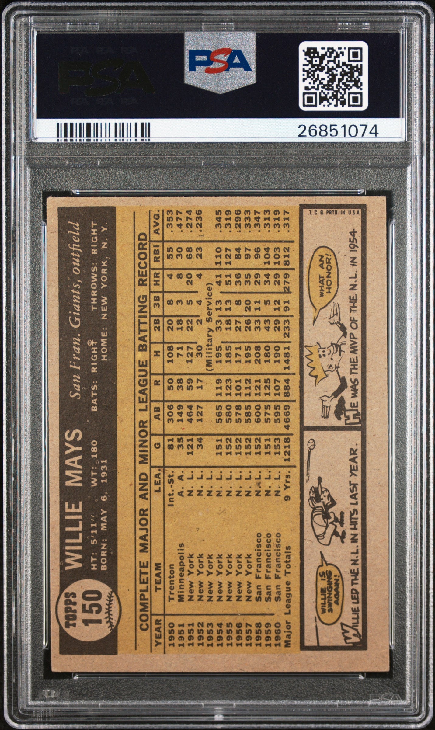 1961 Topps #150 Willie Mays / PSA 6 / C1074