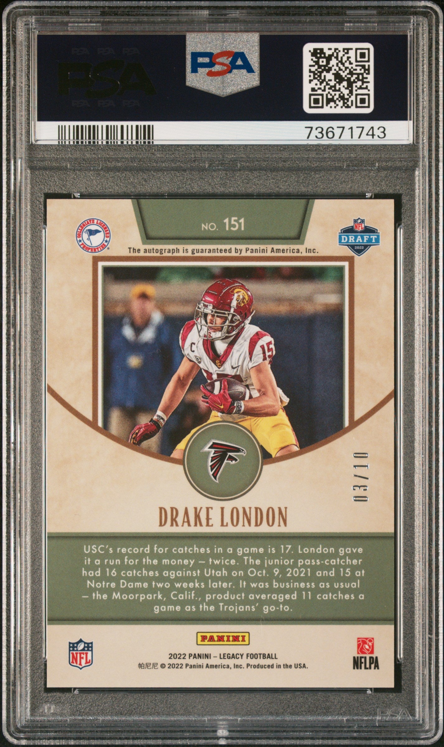 2022 Legacy #151 Drake London RC Auto Diamond (3/10) / PSA 9/10 / C1743