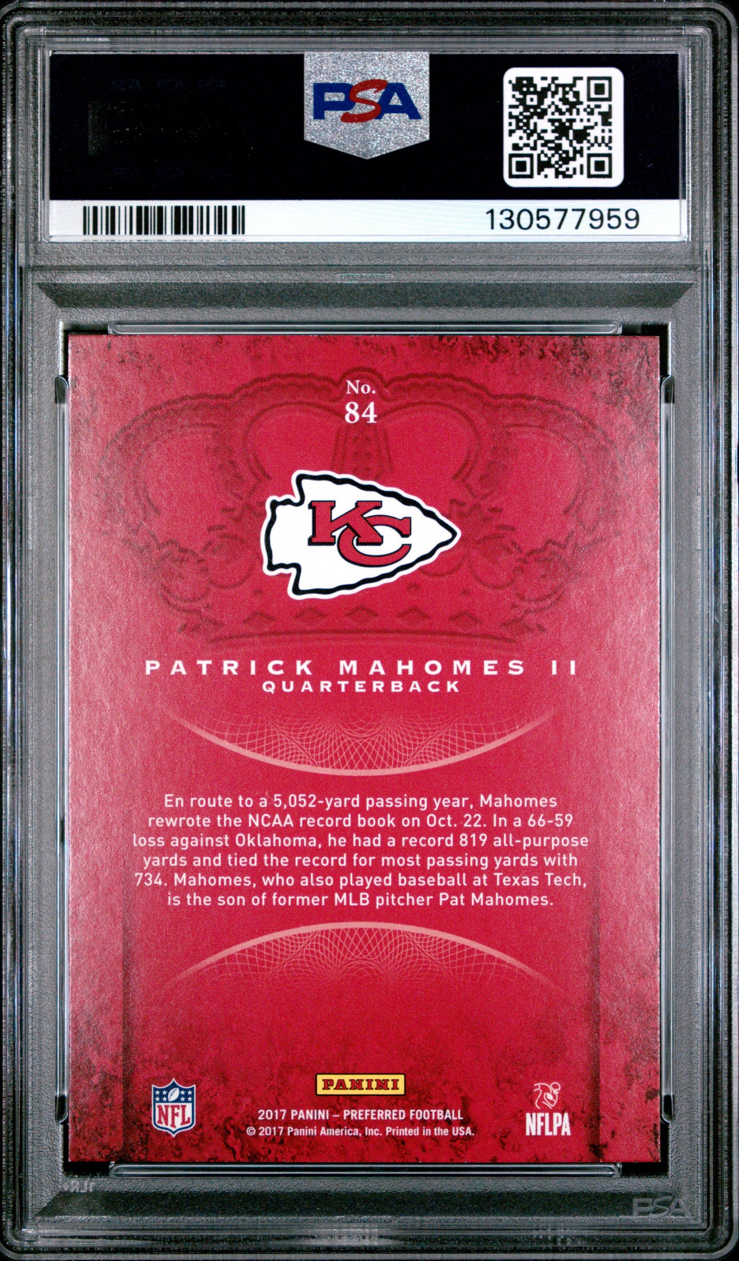 2017 Panini Crown Royale #84 Patrick Mahomes RC / PSA 9 / C7959