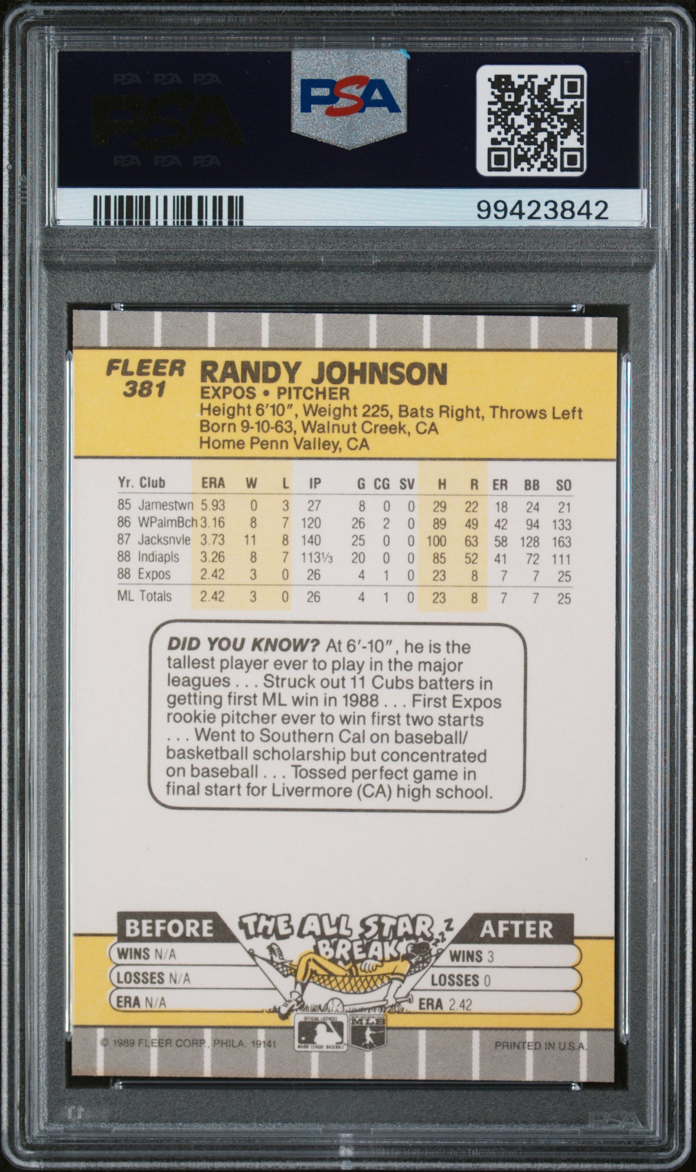 1989 Fleer #381 Randy Johnson RC Marlboro Ad Partially Obscured / PSA 9 / C3842