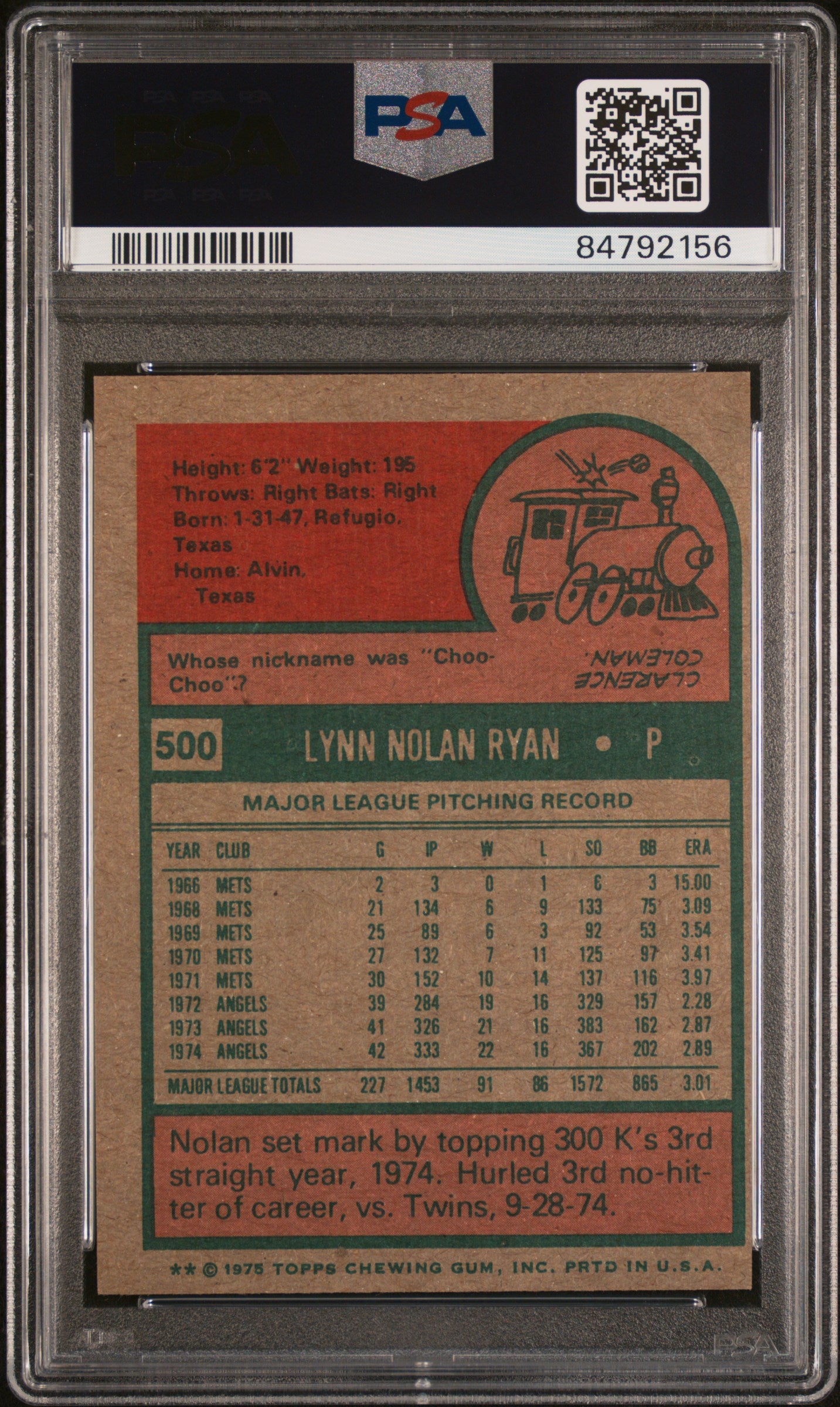1975 Topps #500 Nolan Ryan / PSA 6 / C2156