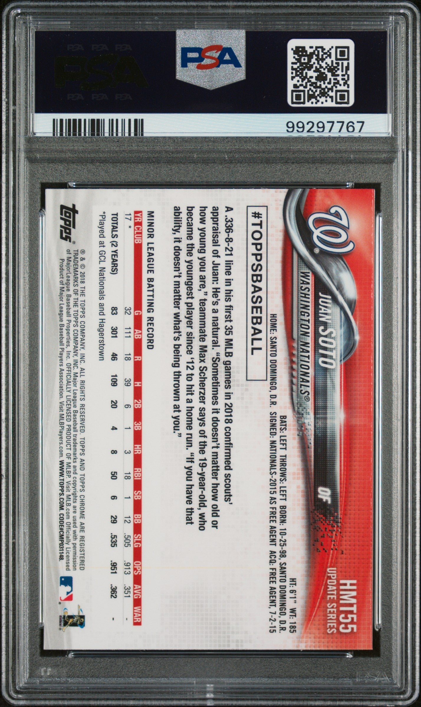 2018 Topps Chrome Update #HMT55 Juan Soto RC / PSA 10 / C7767