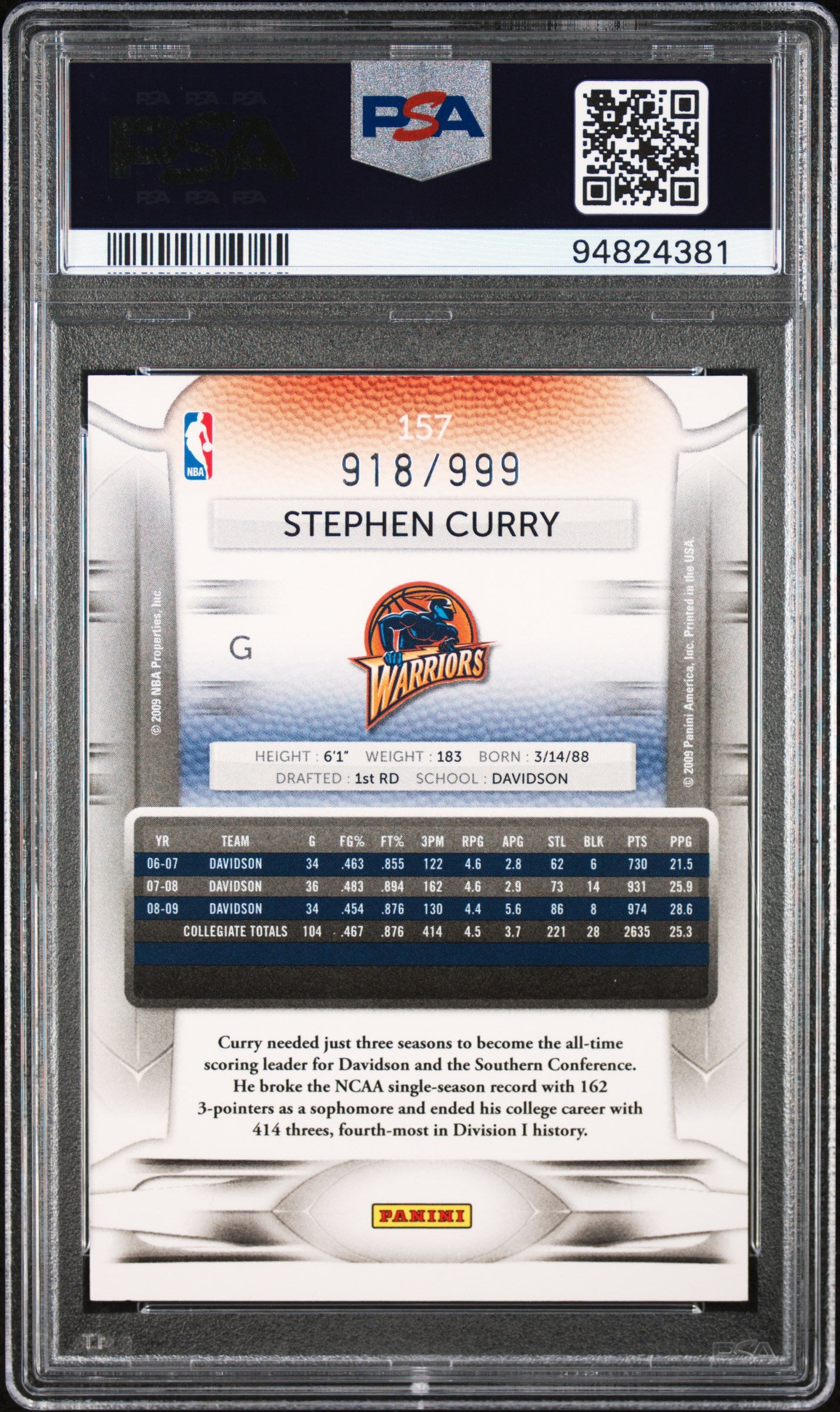 2009 Panini Prestige #157 Stephen Curry RC Light Blue (#/999) / PSA 8 / C4381