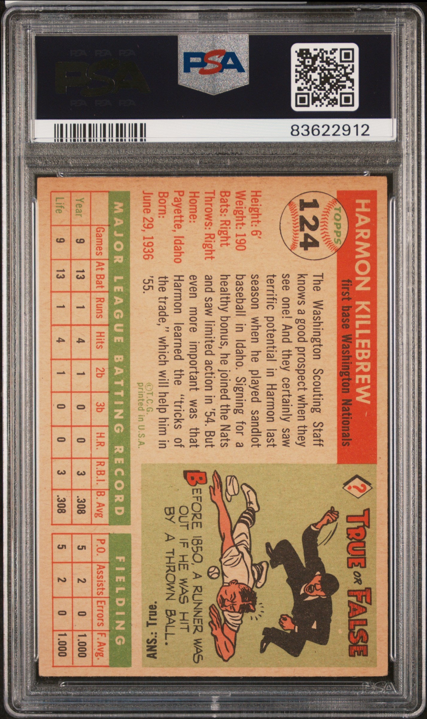 1955 Topps #124 Harmon Killebrew RC / PSA 2.5 / C2912