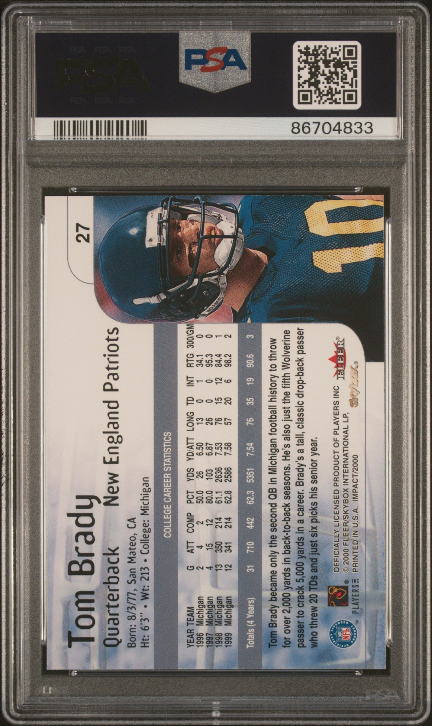 2000 Skybox Impact #27 Tom Brady RC / PSA 8 / C4833