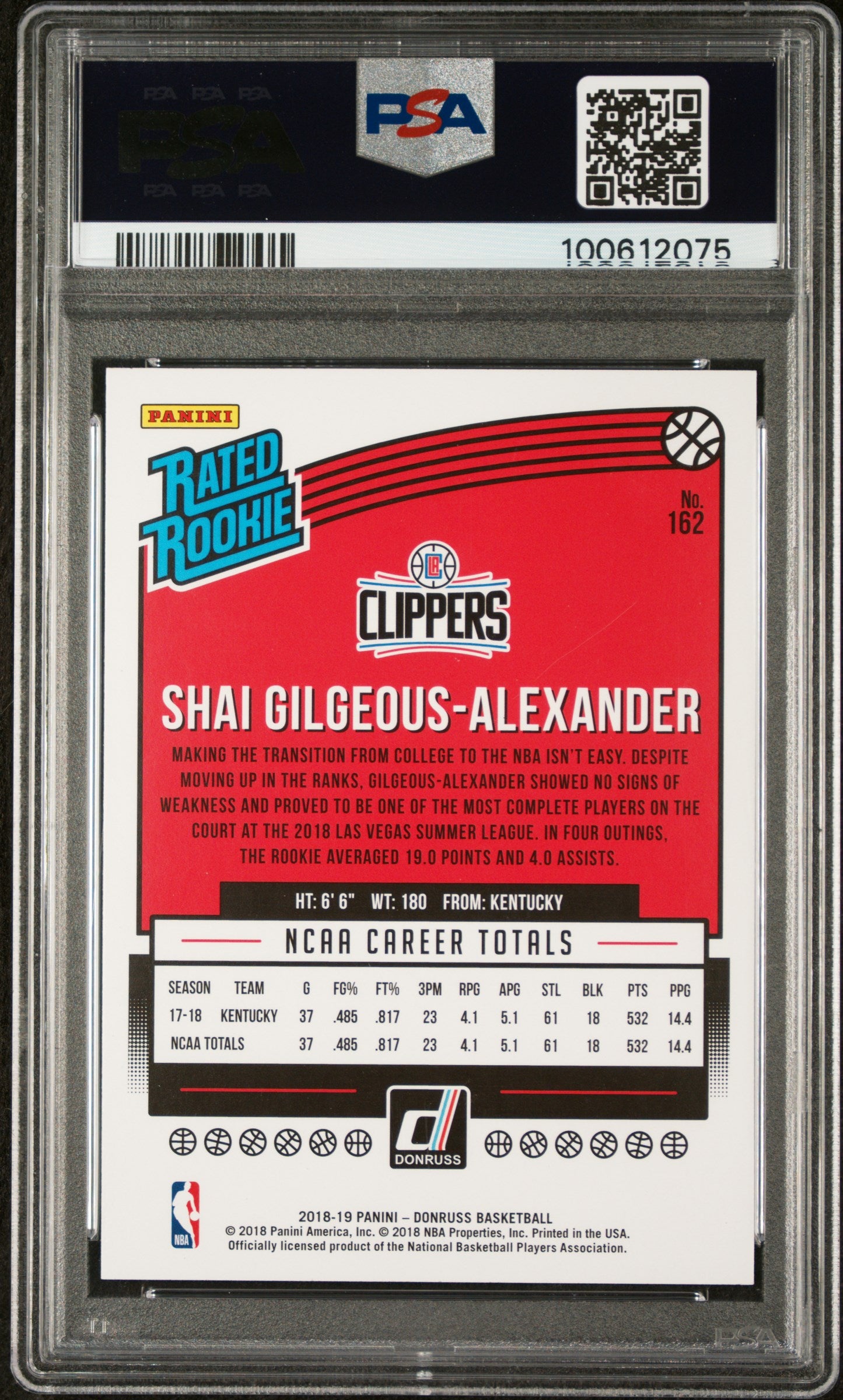 2018 Panini Donruss #162 Shai Gilgeous Alexander RC / PSA 10 / C2075