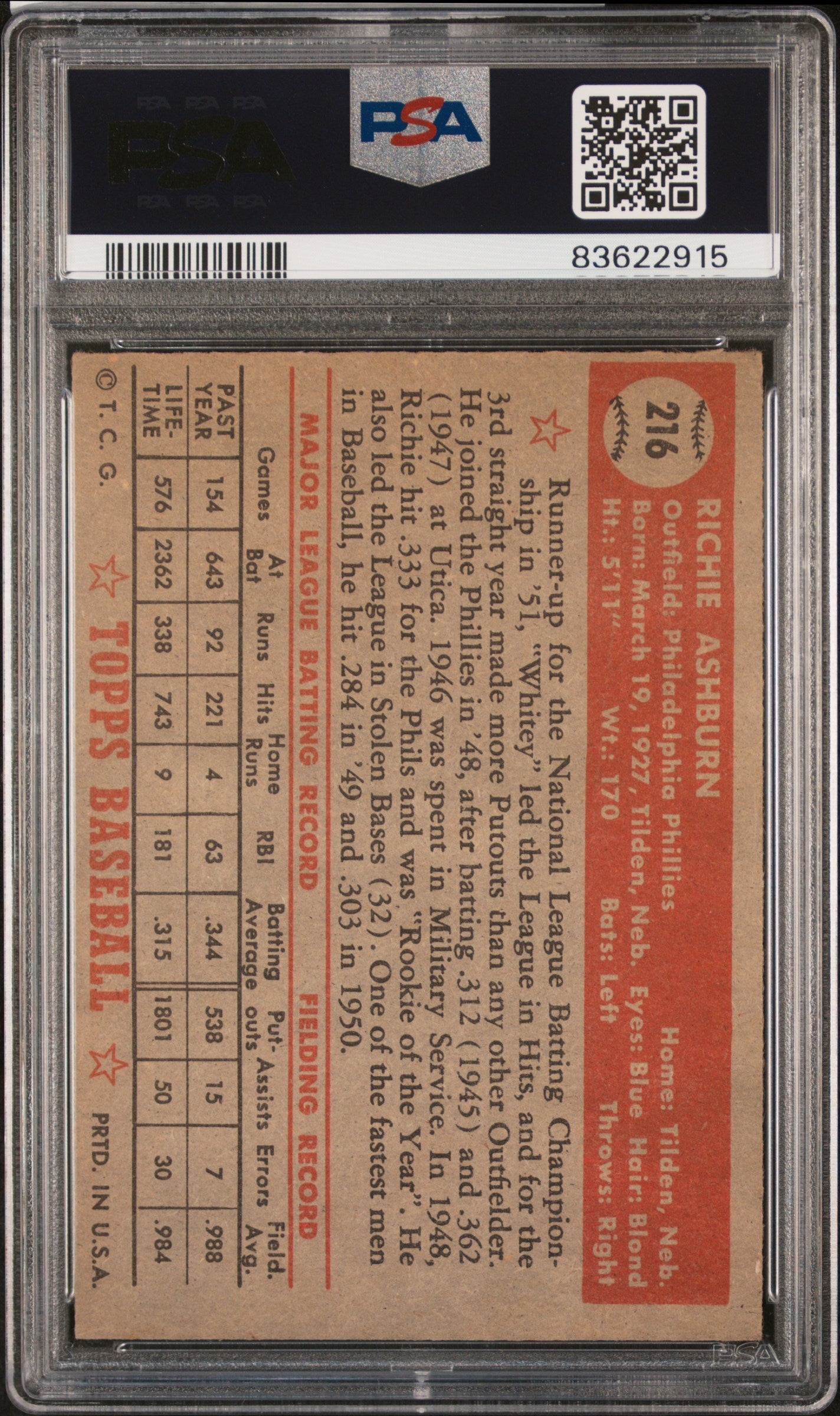 1952 Topps #216 Richie Ashburn / PSA 4 / C2915