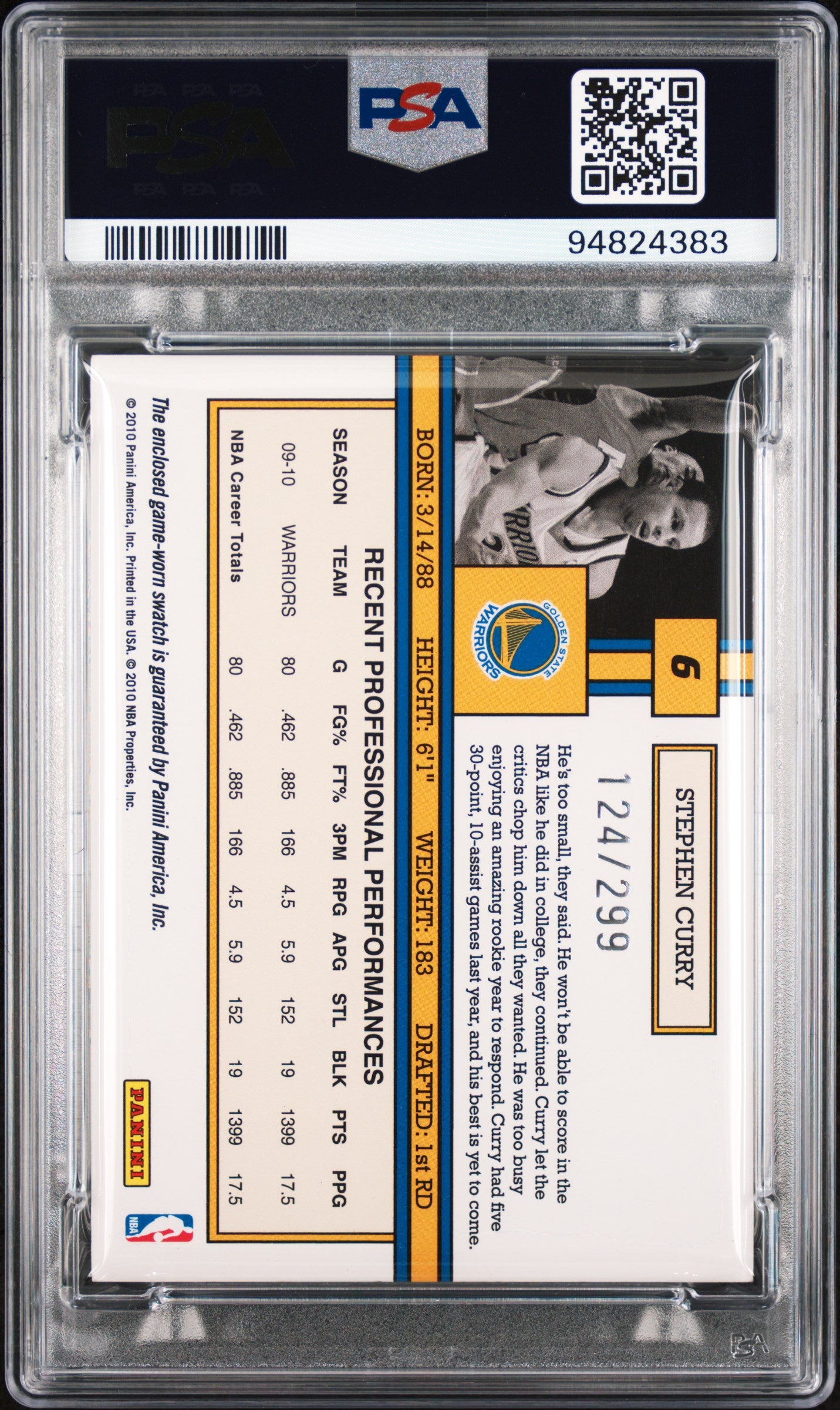 2010 Donruss Magicians #6 Stephen Curry Material (#/299) / PSA 7 / C4383