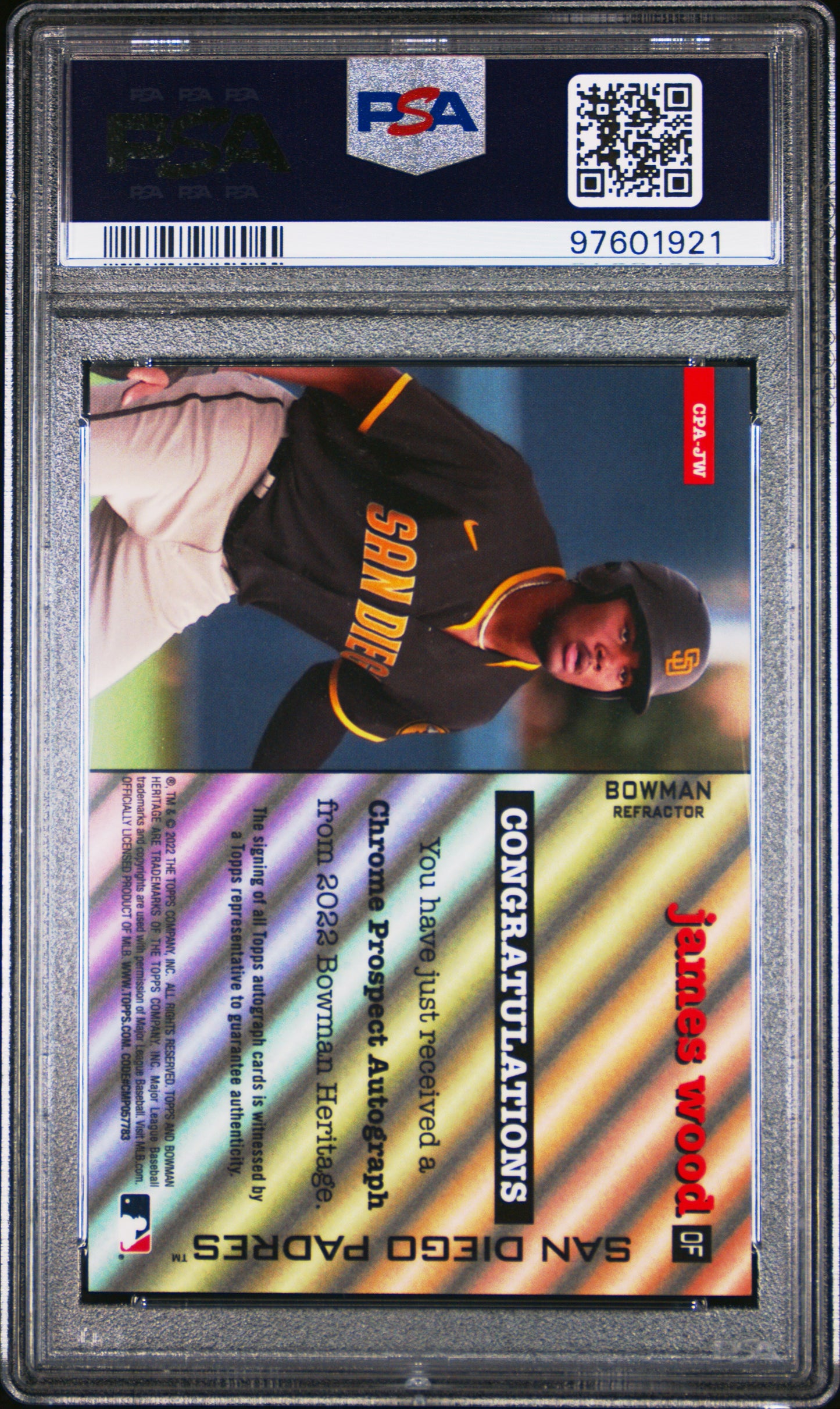 2022 Bowman Heritage Chrome Prospects #CPA-JW James Wood RC Auto Refractor (46/99) / PSA 10 / C1921