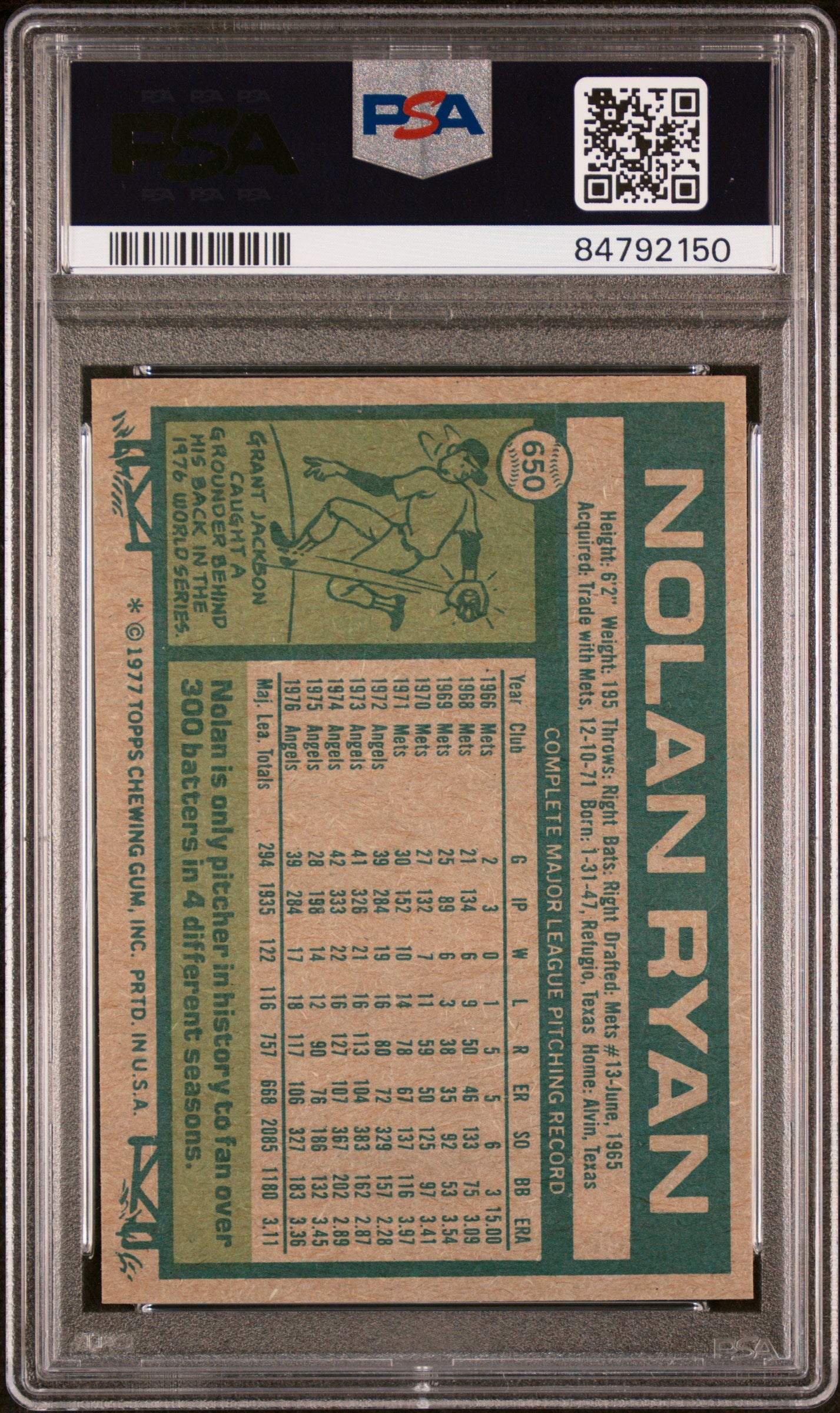 1977 Topps #650 Nolan Ryan / PSA 8 / C2150
