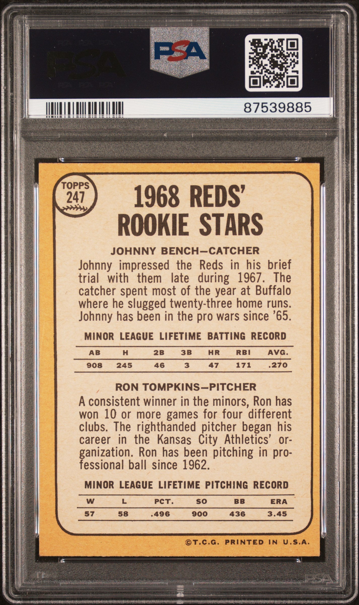 1968 Topps #247 Johnny Bench / Ron Tompkins RC / PSA 5.5 / C9885