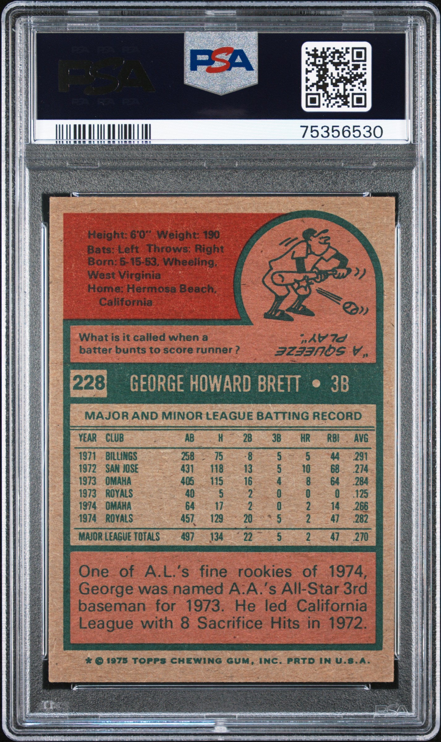 1975 Topps #228 George Brett RC / PSA 4 / C6530