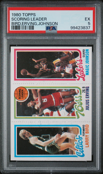 1980-81 Topps Scoring Leader Larry Bird RC, Erving, Magic Johnson RC / PSA 5 / x3837