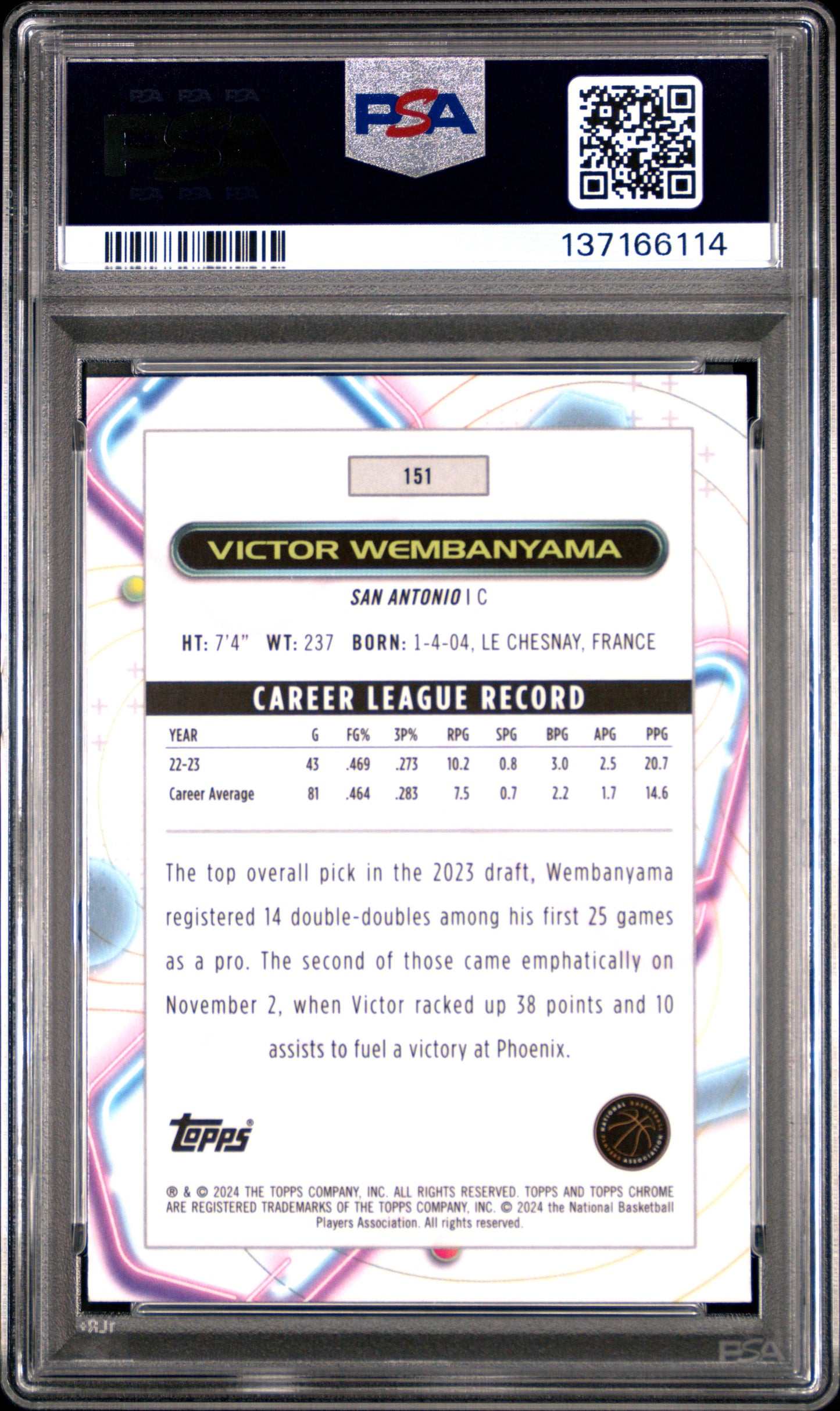 2023 Topps Cosmic Chrome #151 Victor Wembanyama RC Aqua (#/149) / PSA 10 / C6114