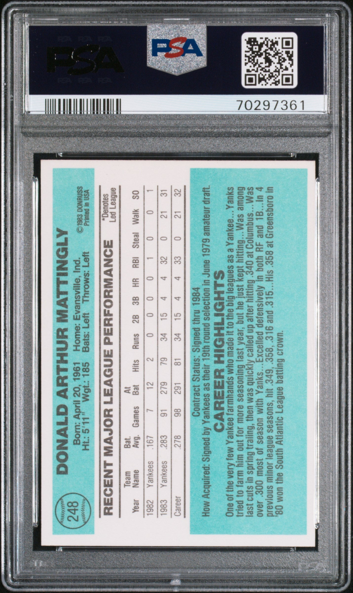 1984 Donruss Don Mattingly RC #248 / PSA 8 / x7361