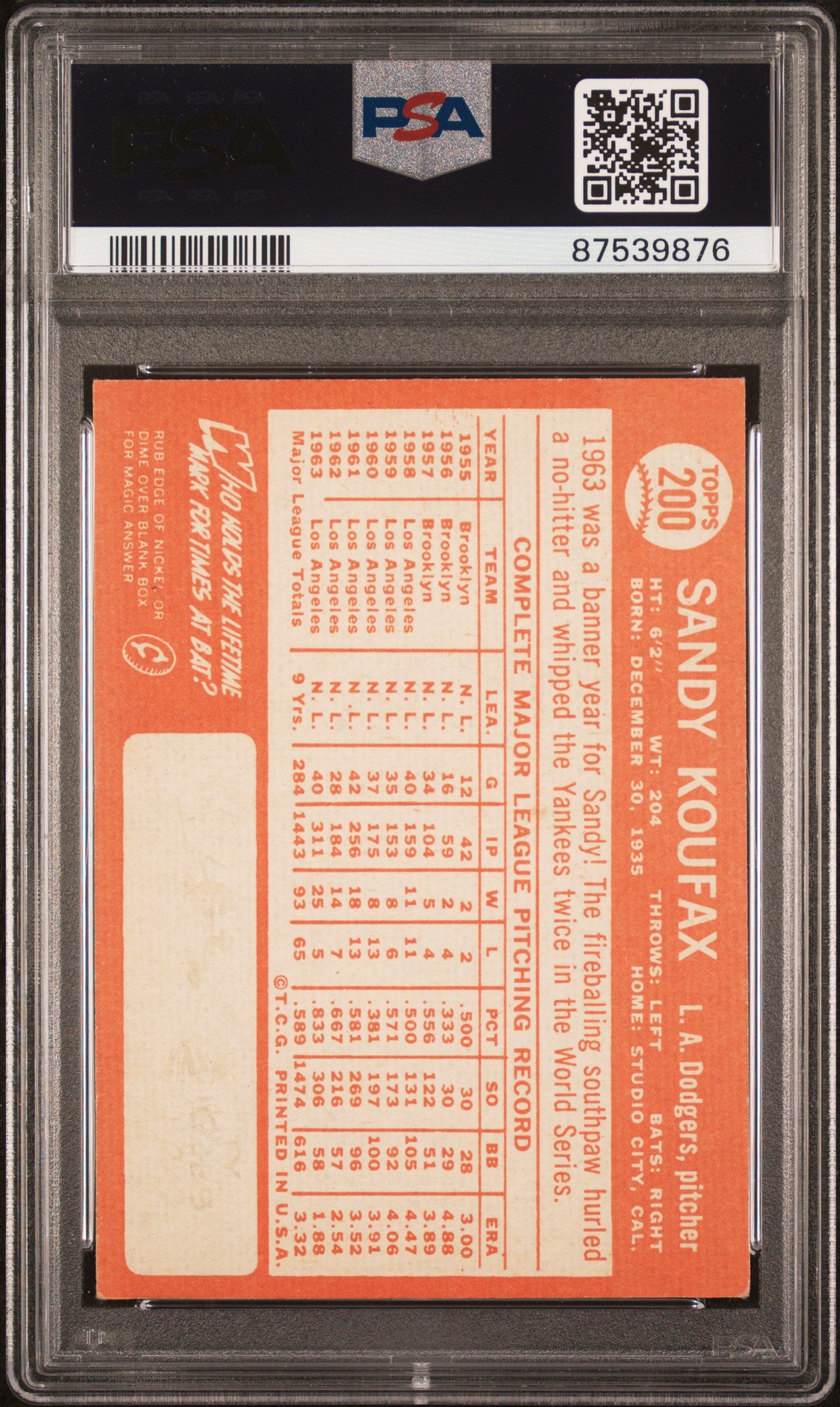 1964 Topps #200 Sandy Koufax / PSA 5 / C9876