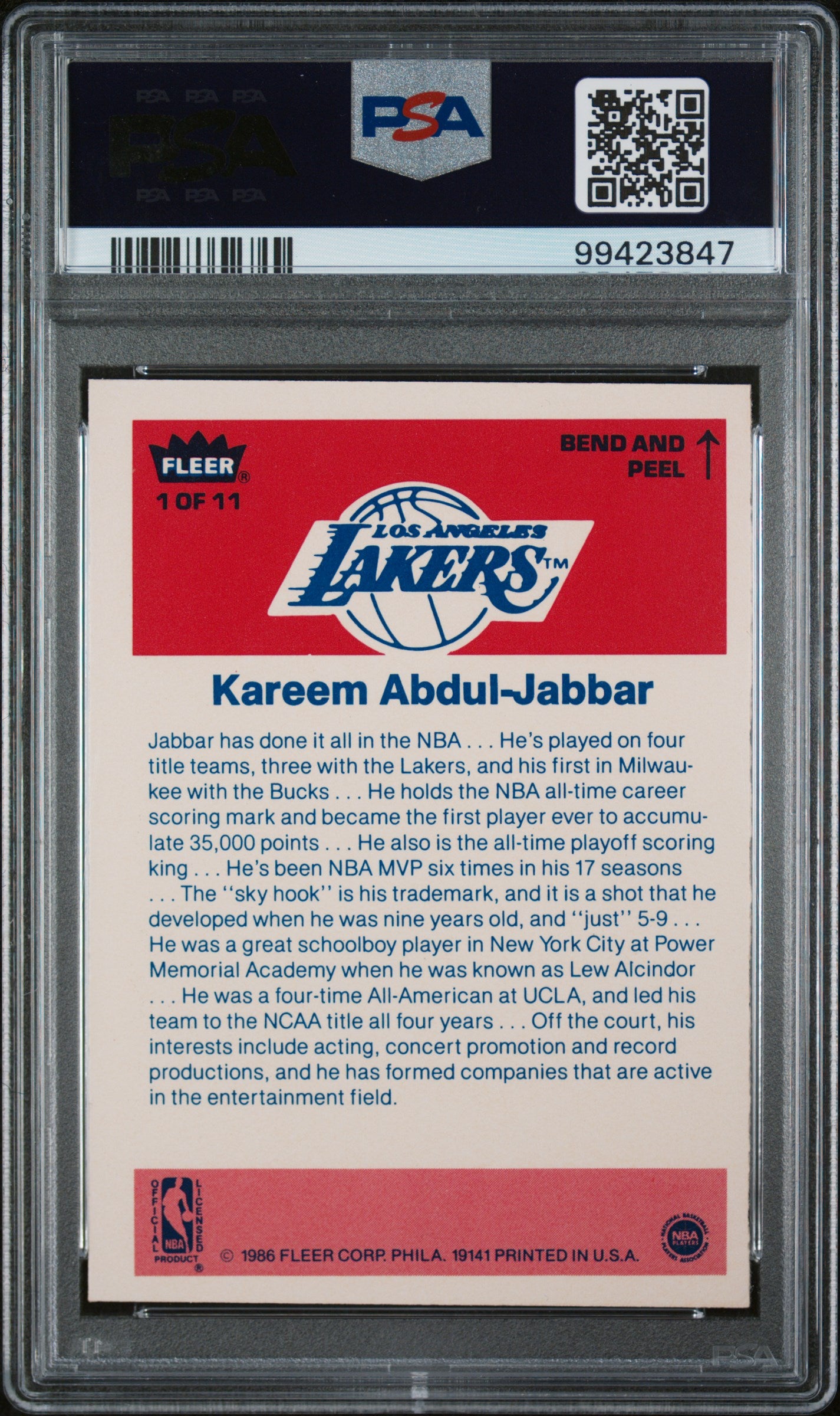1986 Fleer Sticker #1 Kareem Abdul-Jabbar / PSA 7 / C3847
