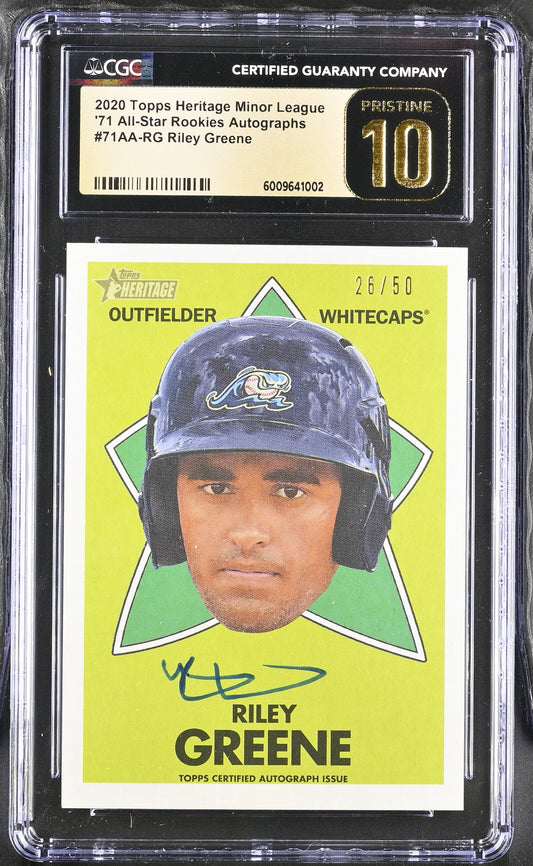 2020 Topps Heritage Minor 71AA-RG Riley Greene All Star Auto 26/50 / CGC Pristine 10 / C1002