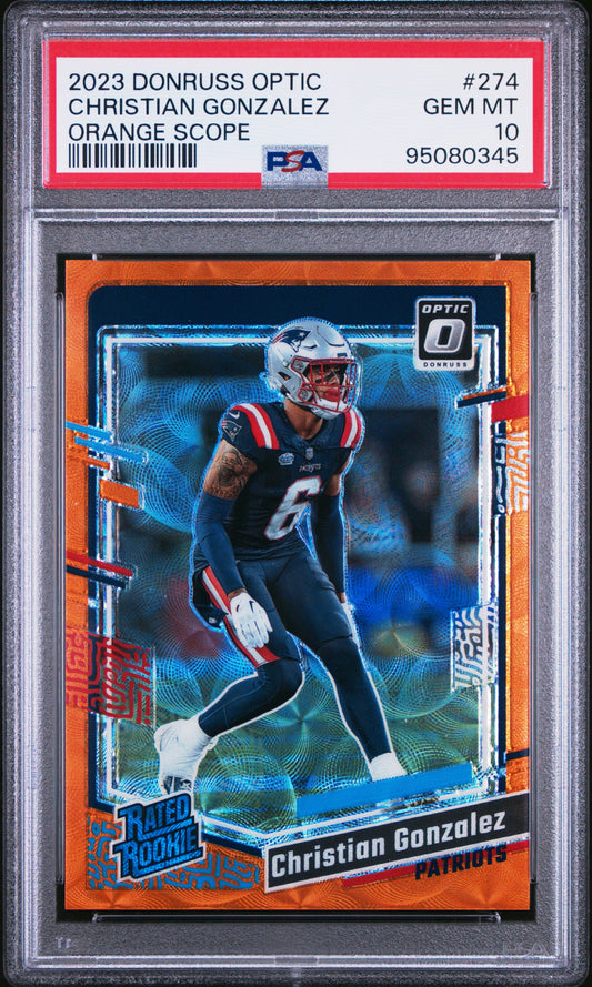 2023 Panini Donruss Optic #274 Christian Gonzalez RC Orange Scope (#/79) / PSA 10 / C0345