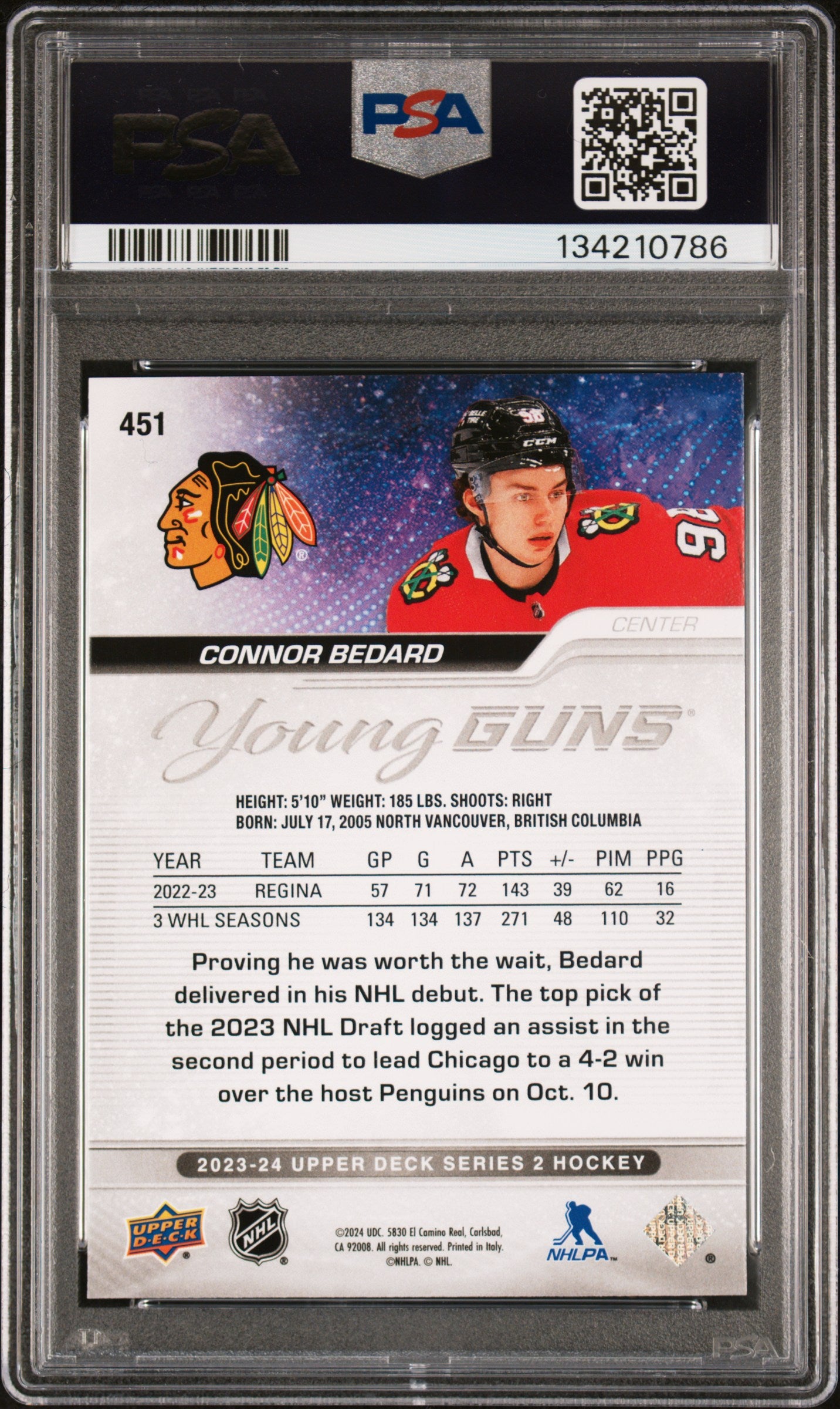 2023/24 Upper Deck #451 Connor Bedard RC Young Guns / PSA 8 / C0786