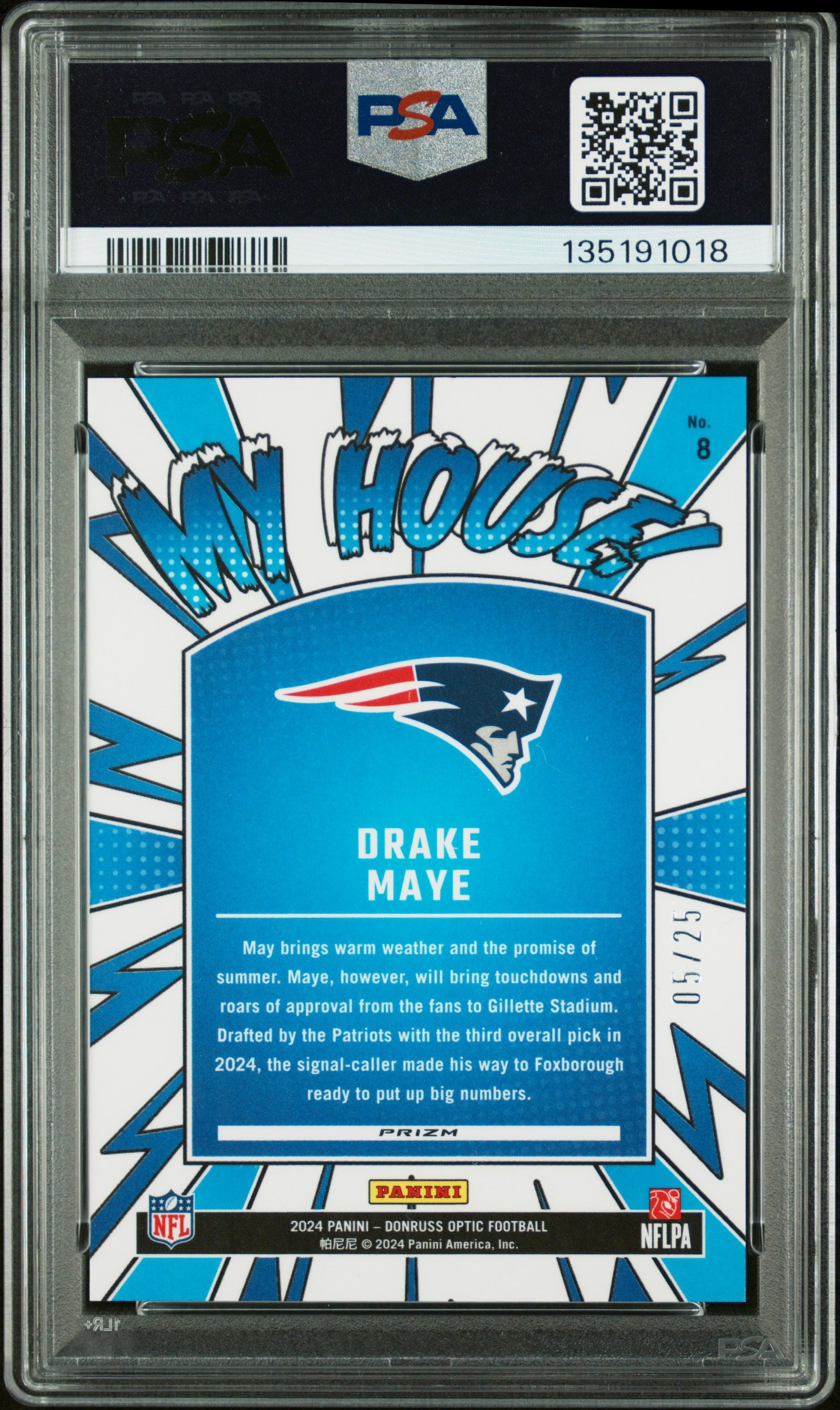 2024 Panini Donruss Optic #8 Drake Maye RC My House Purple Stars (05/25) / PSA 10 / C1018