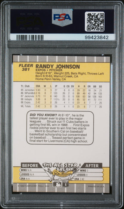 1989 Fleer #381 Randy Johnson RC Marlboro Ad Partially Obscured / PSA 9 / C3842