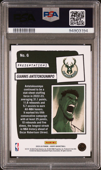 2023 Panini NBA Hoops #6 Giannis Antetokounmpo Presentations SSP / PSA 10 / C3194