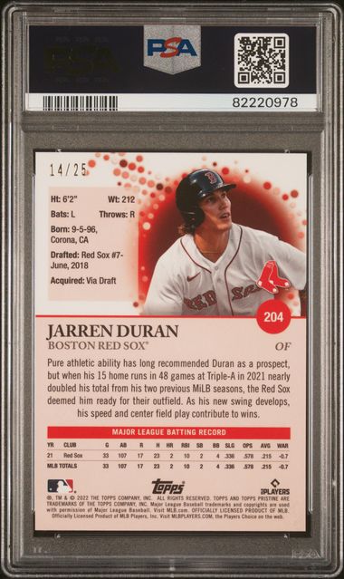 2022 Topps Pristine #204 Jarren Duran RC Orange (#/25) / PSA 10 / C0978