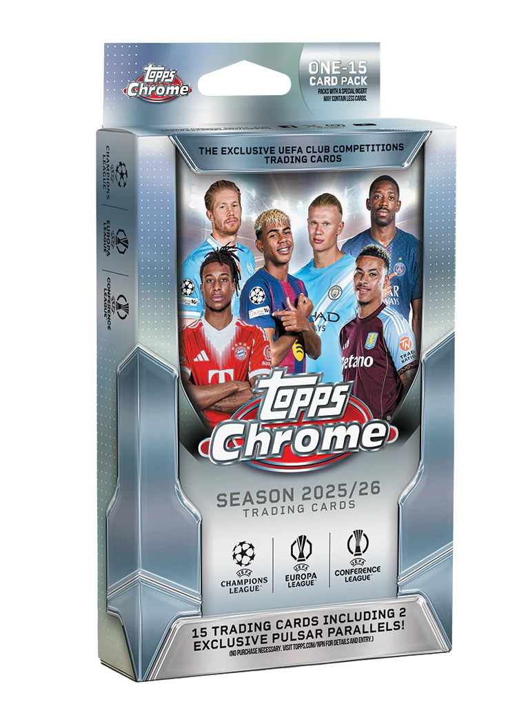 2025/26 Topps Chrome UEFA Club Competitions Flagship Soccer 15-card Hanger Box
