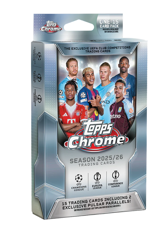 2025/26 Topps Chrome UEFA Club Competitions Flagship Soccer 15-card Hanger Box