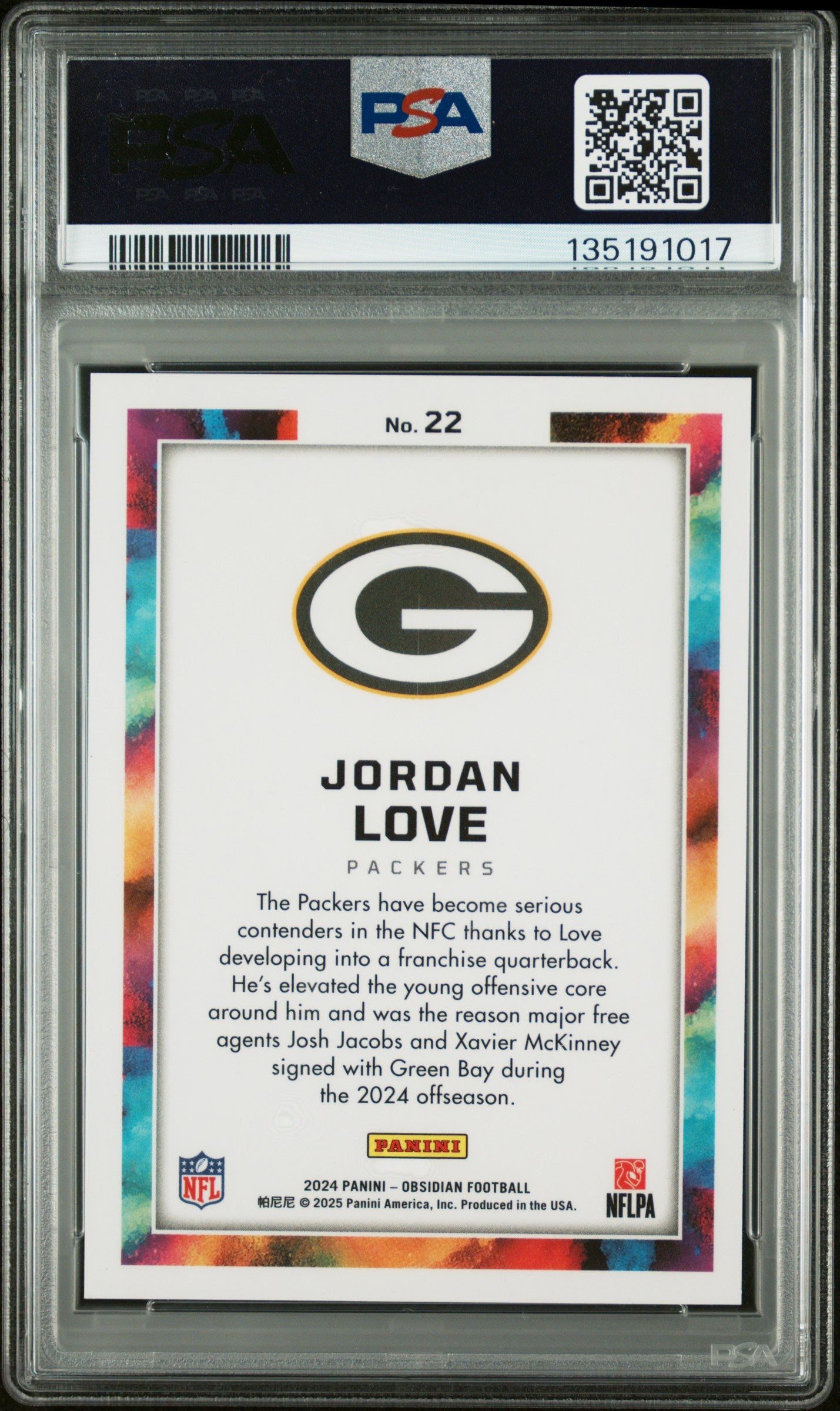 2024 Panini Obsidian #22 Jordan Love / Black Color Blast / PSA 9 / C1017