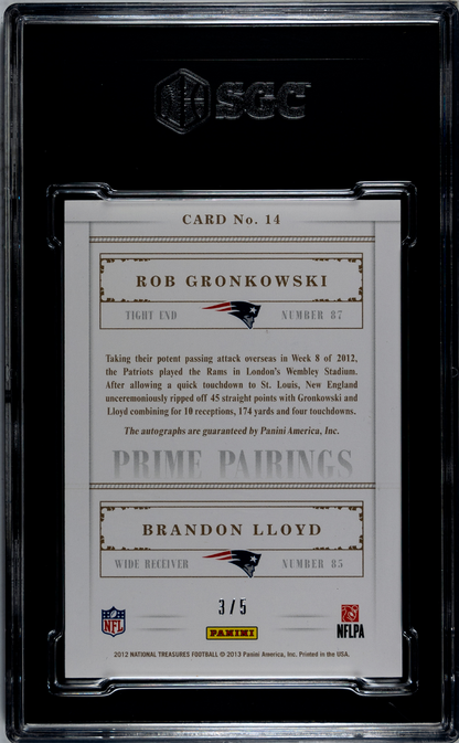 2012 National Treasures #14 Prime Pairings Gronkowski / Lloyd AUTO (#/5) / SGC 9