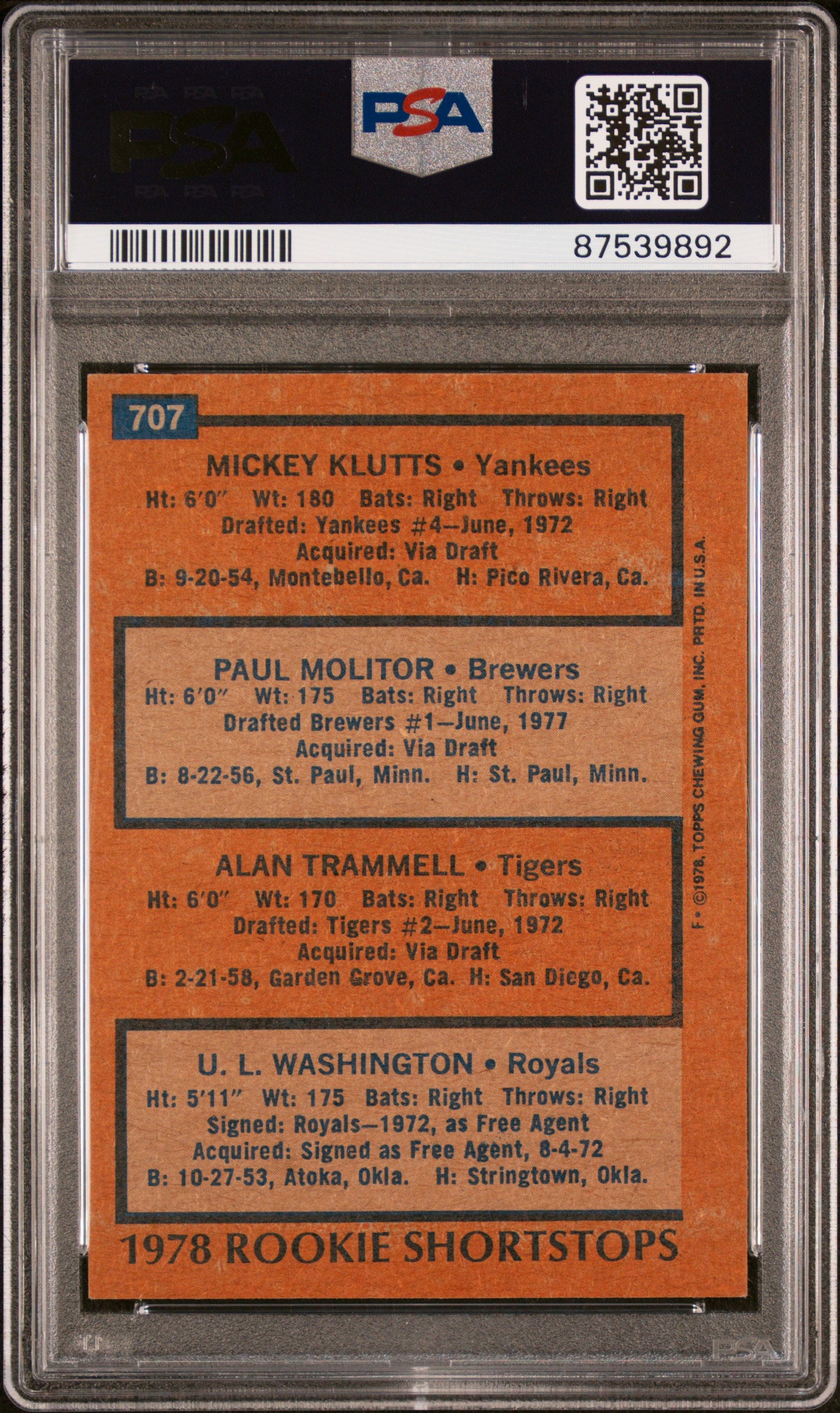 1978 Topps #707 Molitor (HOF), Trammell (HOF) RC / PSA 5 / C9892